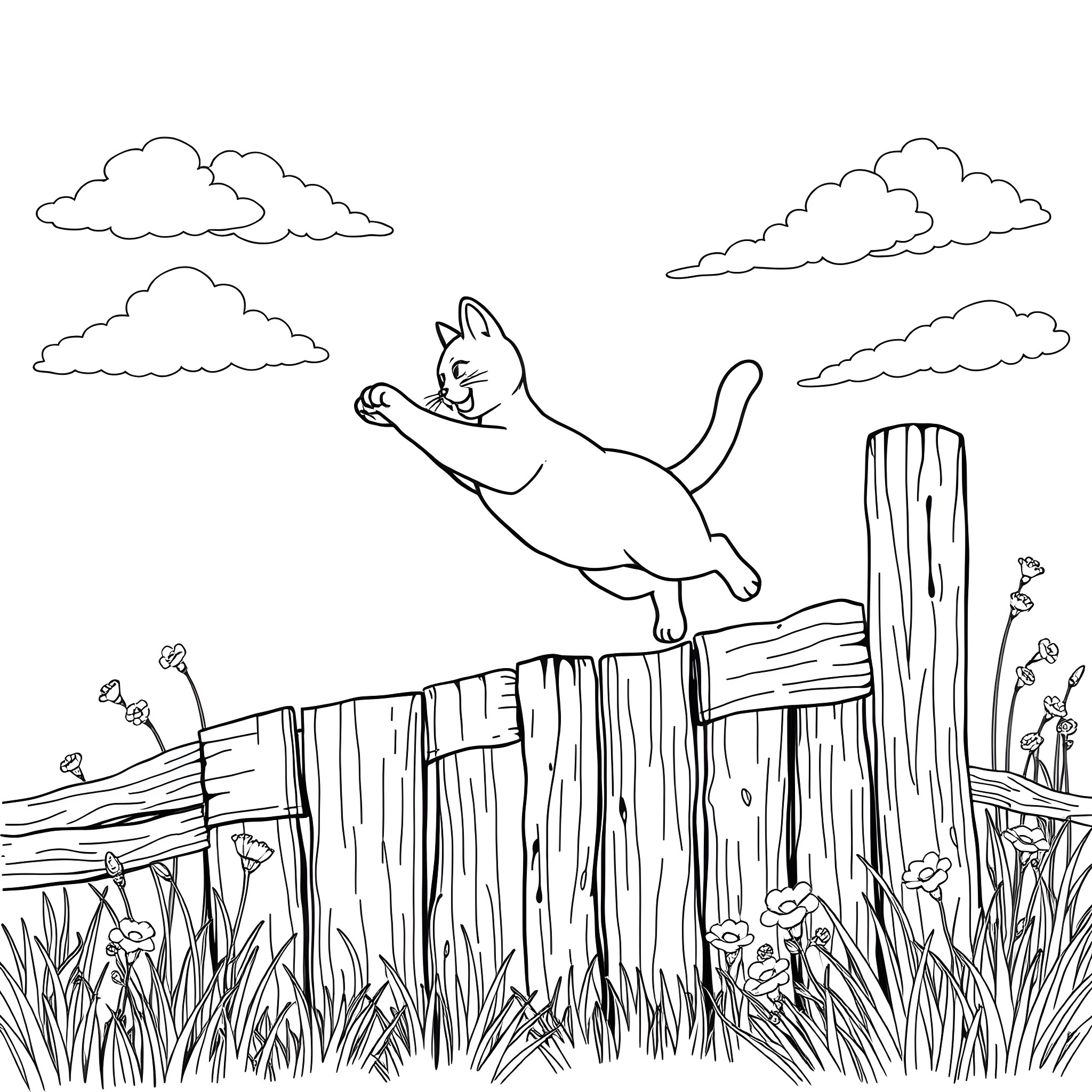 Cat leaping over wooden fence in nature Coloring Page (free black-and-white line drawing printable PDF for all, from beginners to advanced learners, including children, teens, adults, and seniors)