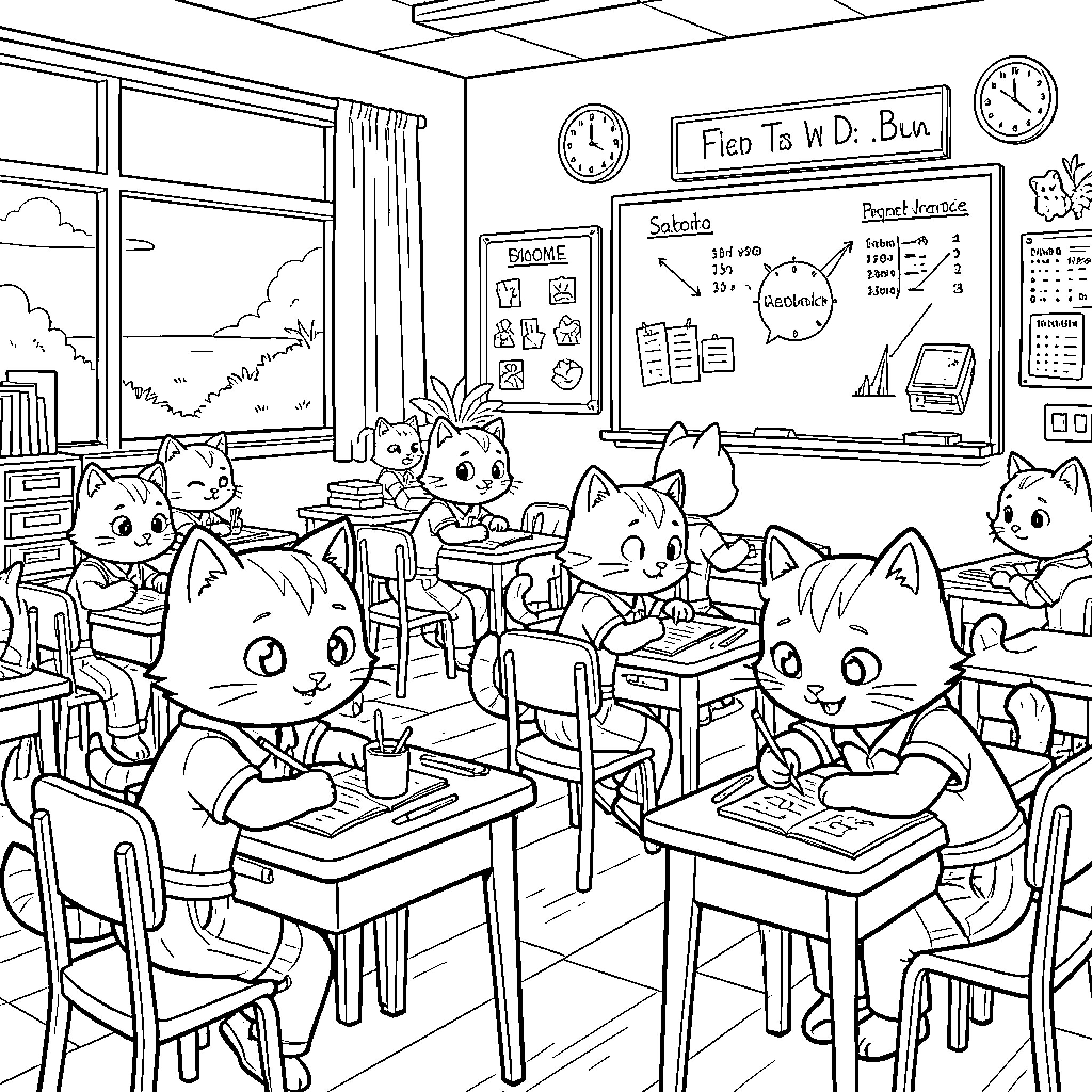 Super Kitten students learning together in a classroom Coloring Page (free black-and-white line drawing printable PDF for all, from beginners to advanced learners, including children, teens, adults, and seniors)