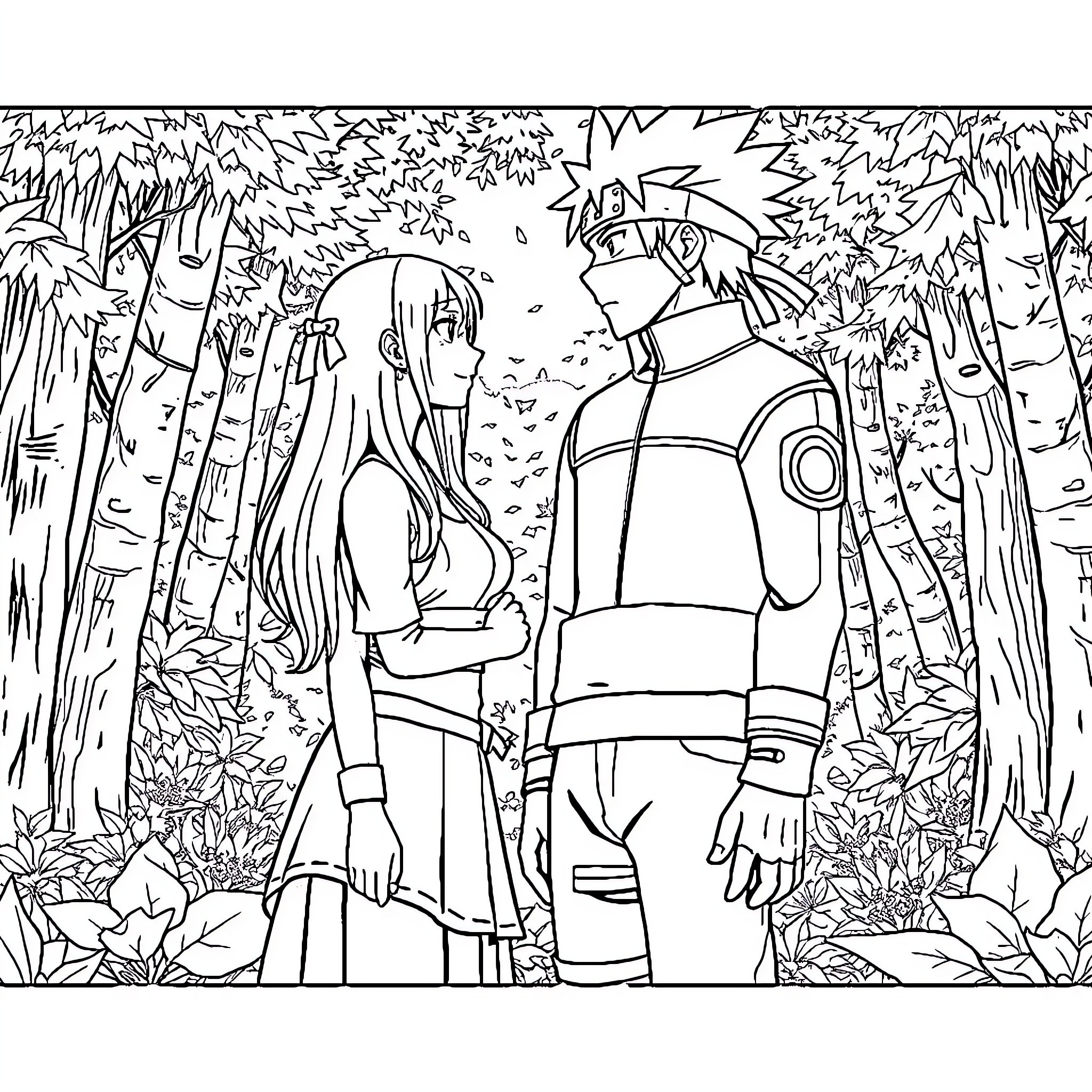 Kakashi and Sakura in the Leaf Village forest Coloring Page (free black-and-white line drawing printable PDF for all, from beginners to advanced learners, including children, teens, adults, and seniors)