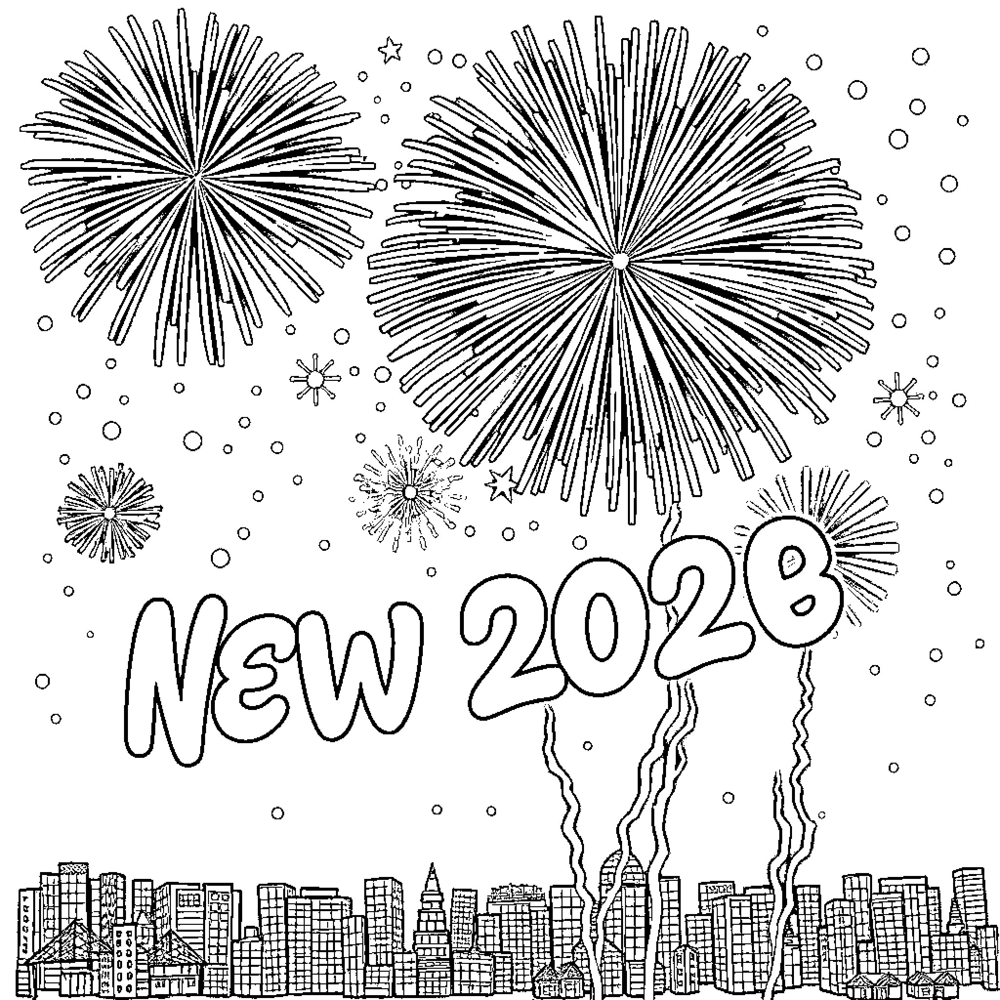 New Year Fireworks Celebration Over City Skyline Coloring Page (free black-and-white line drawing printable PDF for all, from beginners to advanced learners, including children, teens, adults, and seniors)