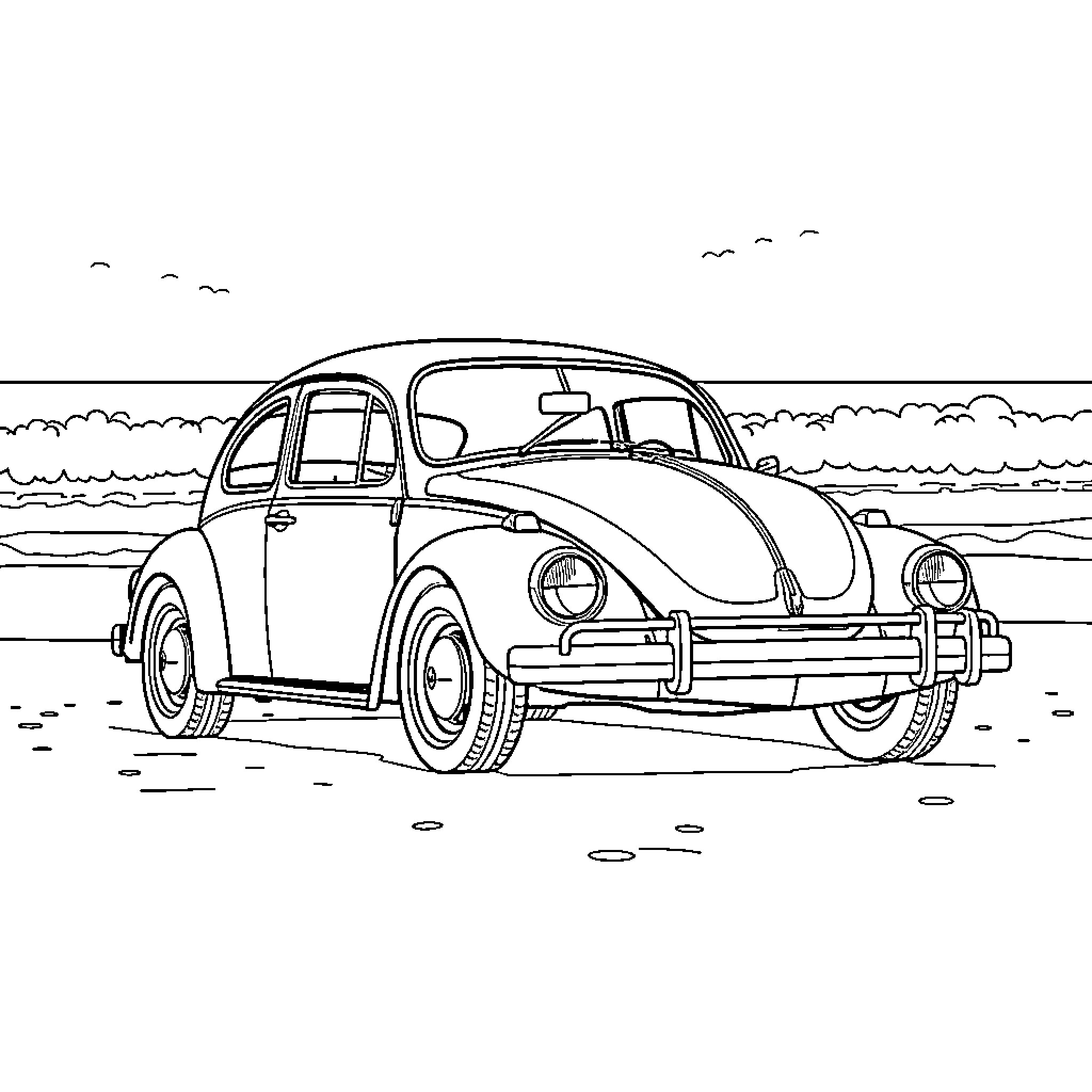 Beetle driving on the beach Coloring Page (free black-and-white line drawing printable PDF for all, from beginners to advanced learners, including children, teens, adults, and seniors)