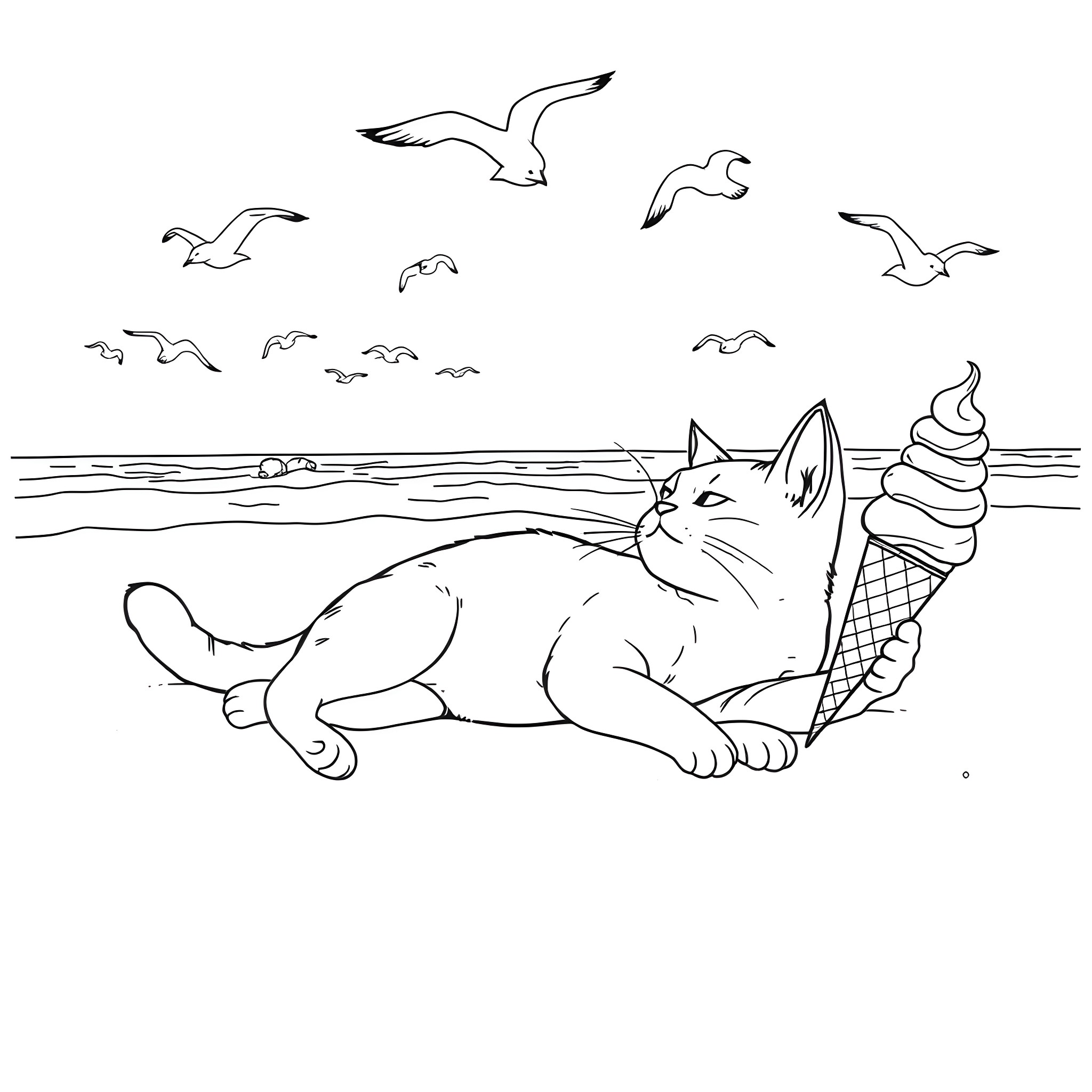 Cat relaxing on the beach with ice cream Coloring Page (free black-and-white line drawing printable PDF for all, from beginners to advanced learners, including children, teens, adults, and seniors)