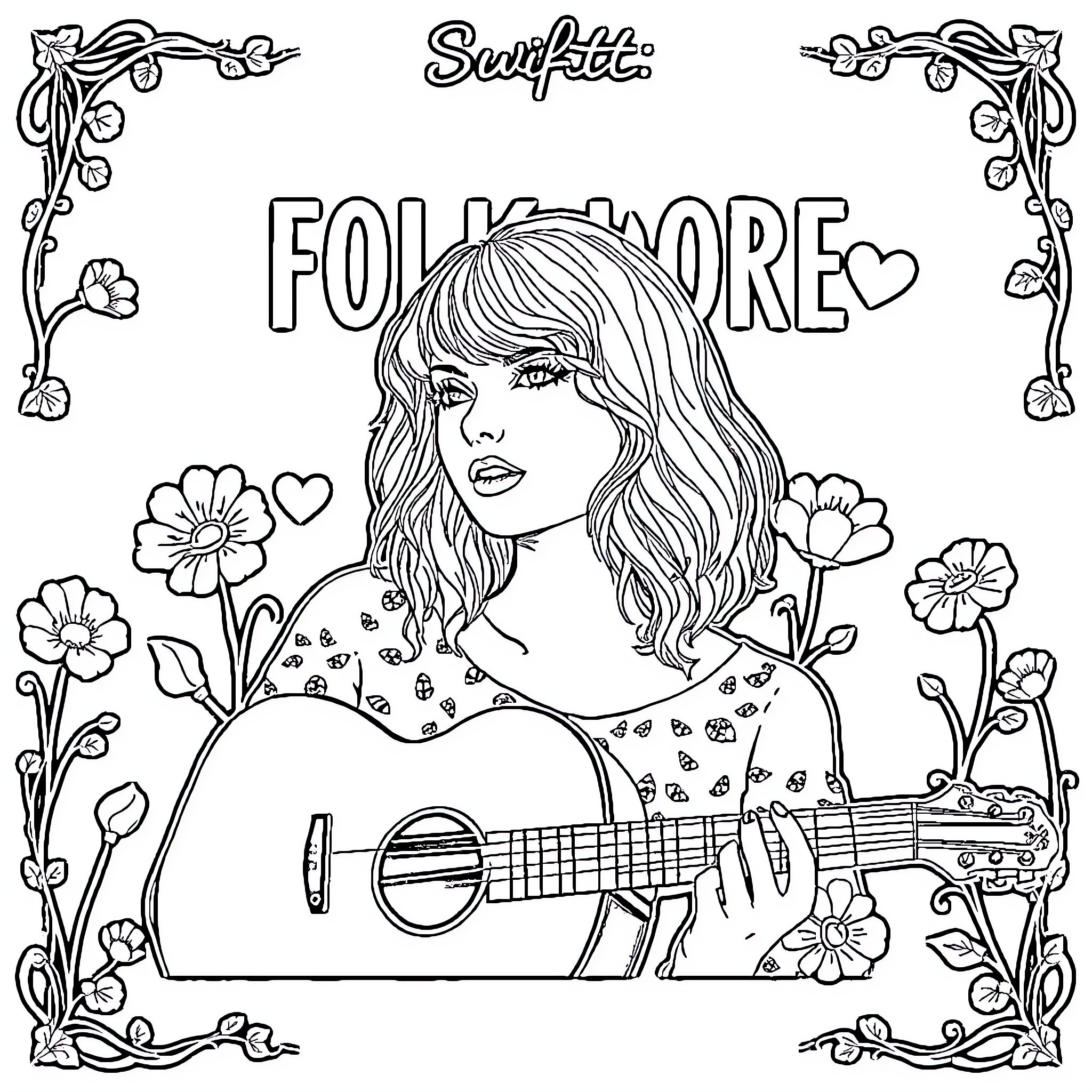 Taylor Swift Playing Guitar in Floral Folklore Setting Coloring Page (free black-and-white line drawing printable PDF for all, from beginners to advanced learners, including children, teens, adults, and seniors)