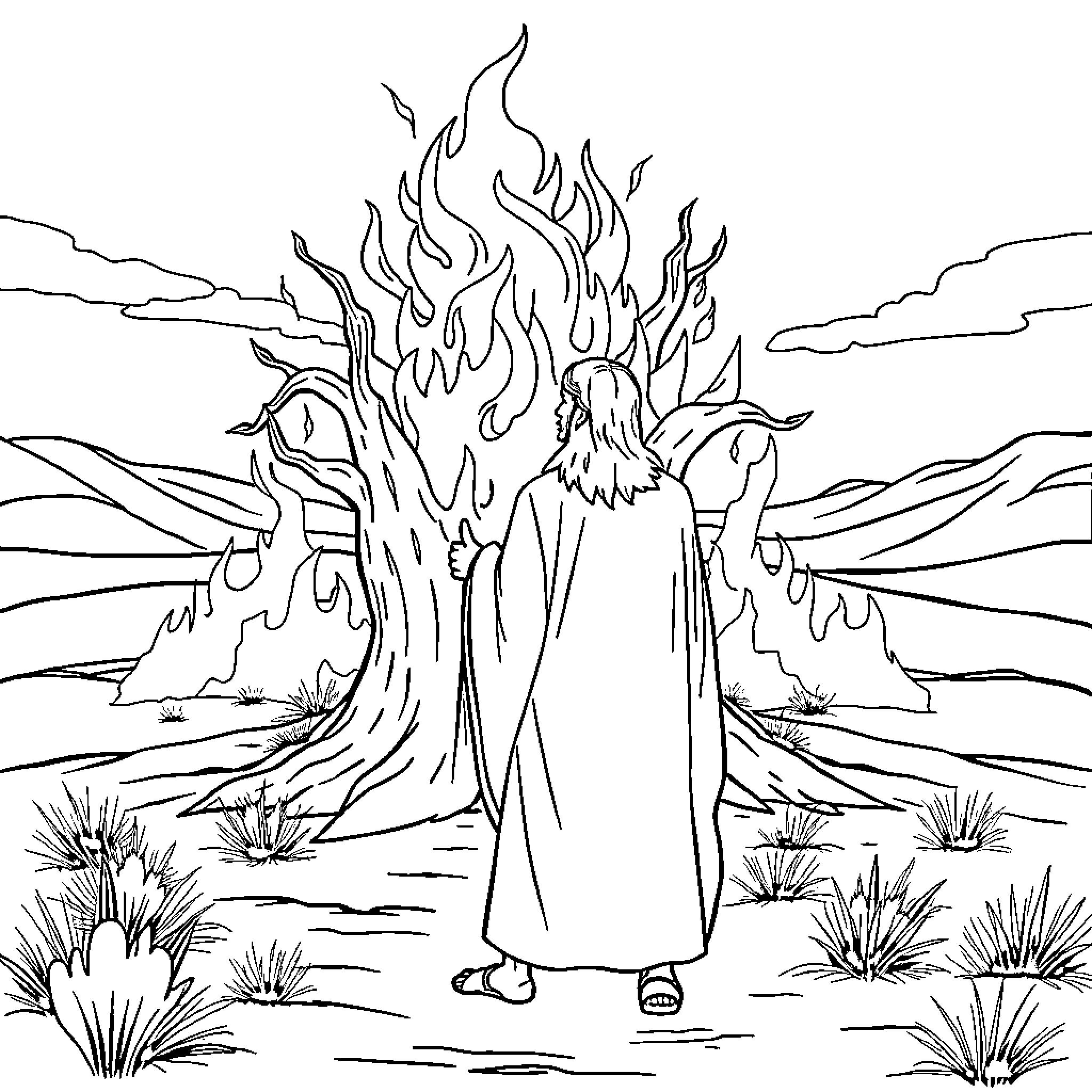 Moses Encounters the Burning Bush Coloring Page (free black-and-white line drawing printable PDF for all, from beginners to advanced learners, including children, teens, adults, and seniors)