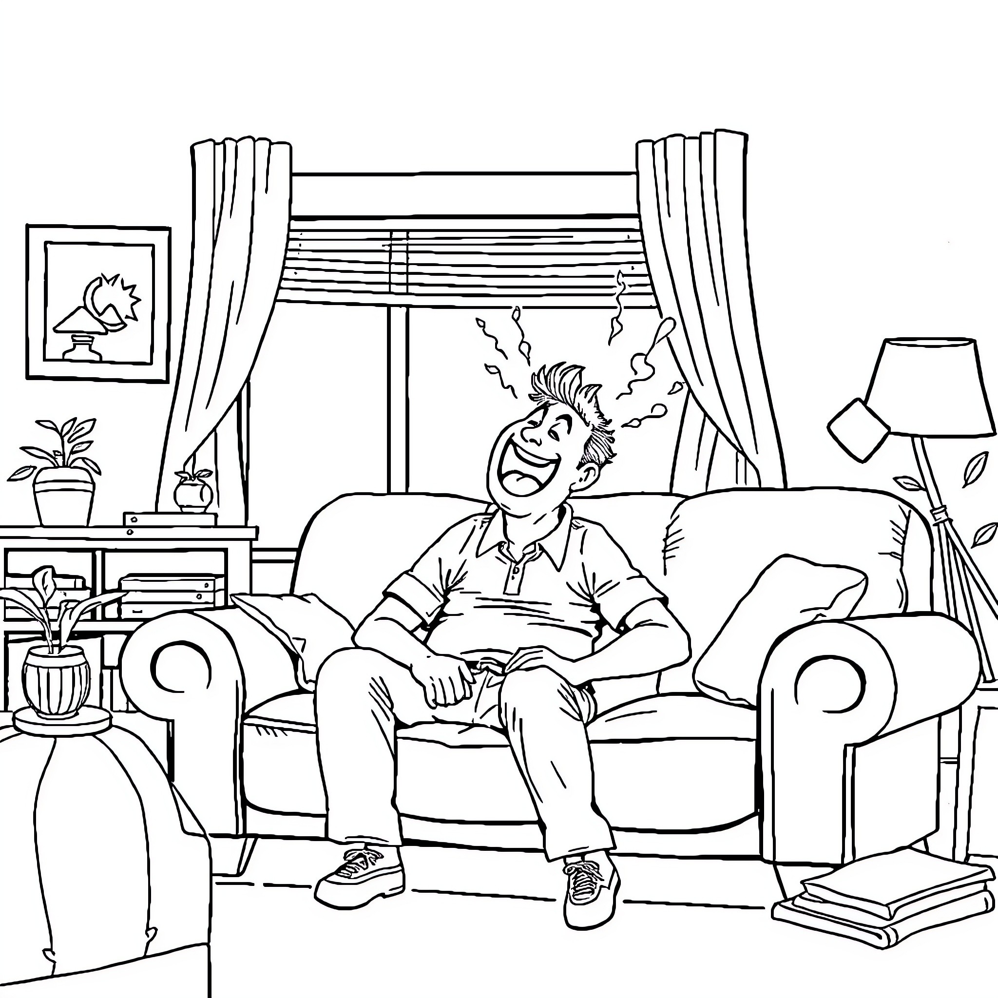 Man relaxing on sofa in cozy living room Coloring Page (free black-and-white line drawing printable PDF for all, from beginners to advanced learners, including children, teens, adults, and seniors)