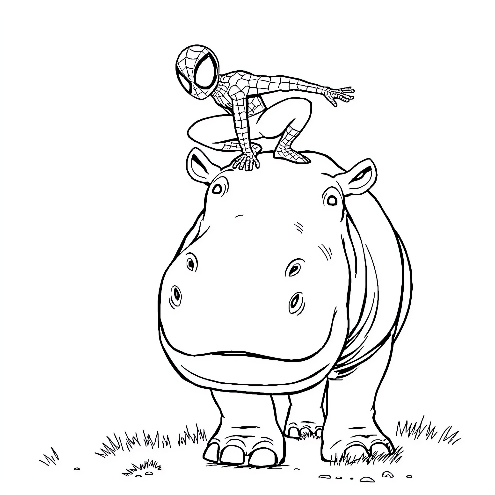 Spiderman riding a friendly hippopotamus Coloring Page (free black-and-white line drawing printable PDF for all, from beginners to advanced learners, including children, teens, adults, and seniors)
