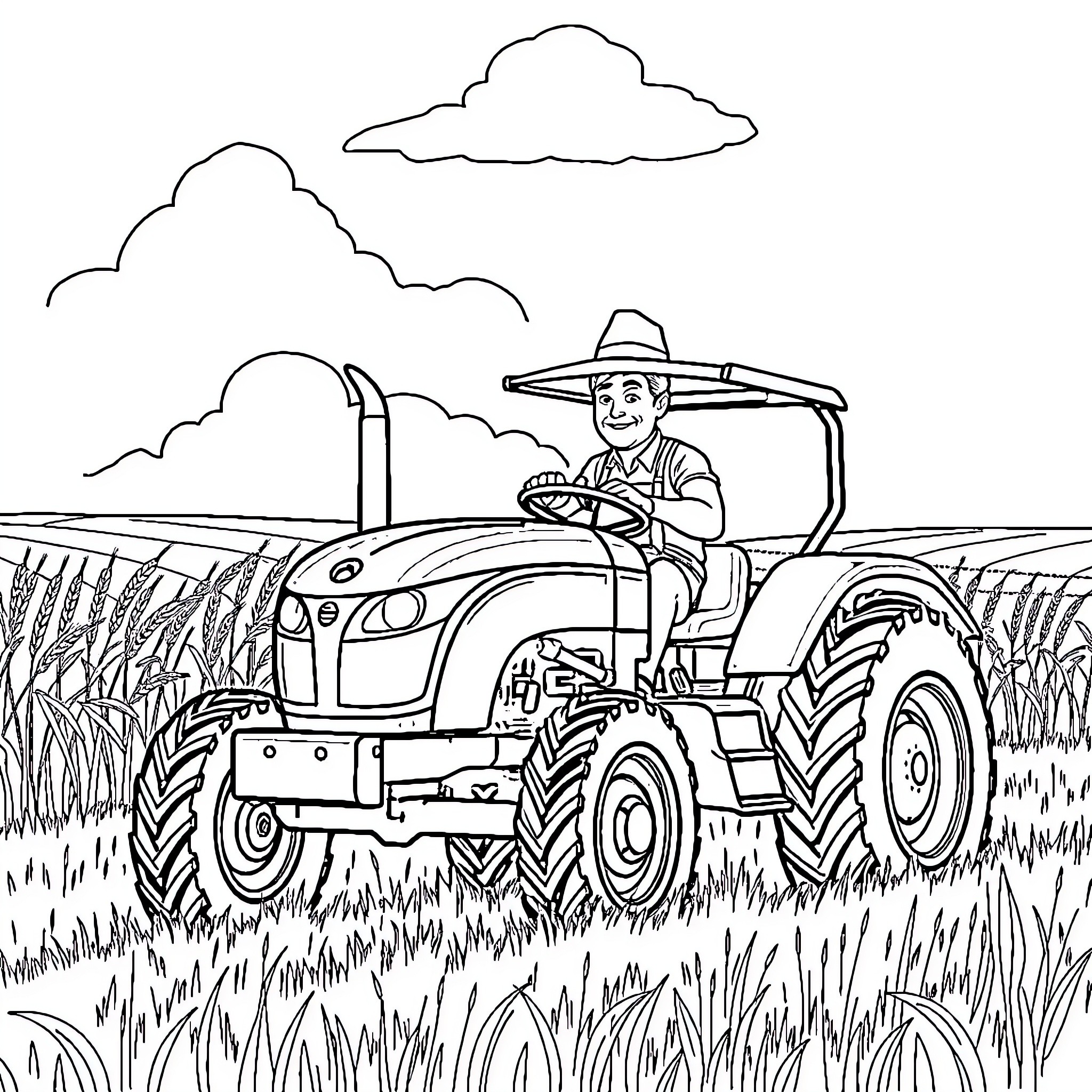 Tractor farmer working diligently in the field Coloring Page (free black-and-white line drawing printable PDF for all, from beginners to advanced learners, including children, teens, adults, and seniors)