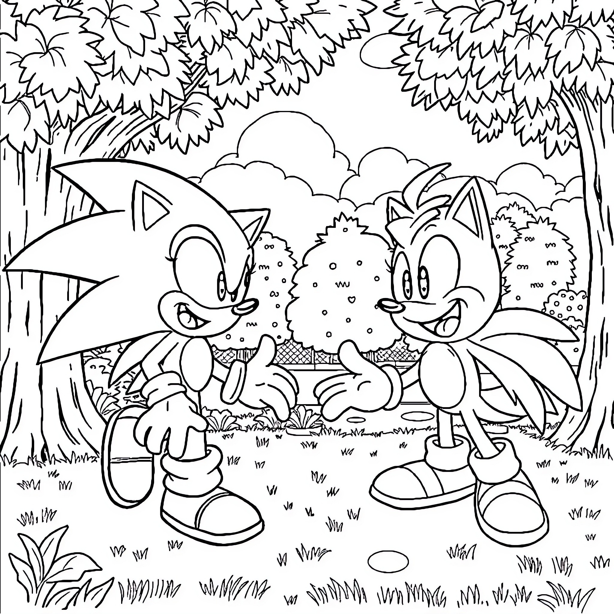 Sonic characters exploring the forest landscape Coloring Page (free black-and-white line drawing printable PDF for all, from beginners to advanced learners, including children, teens, adults, and seniors)