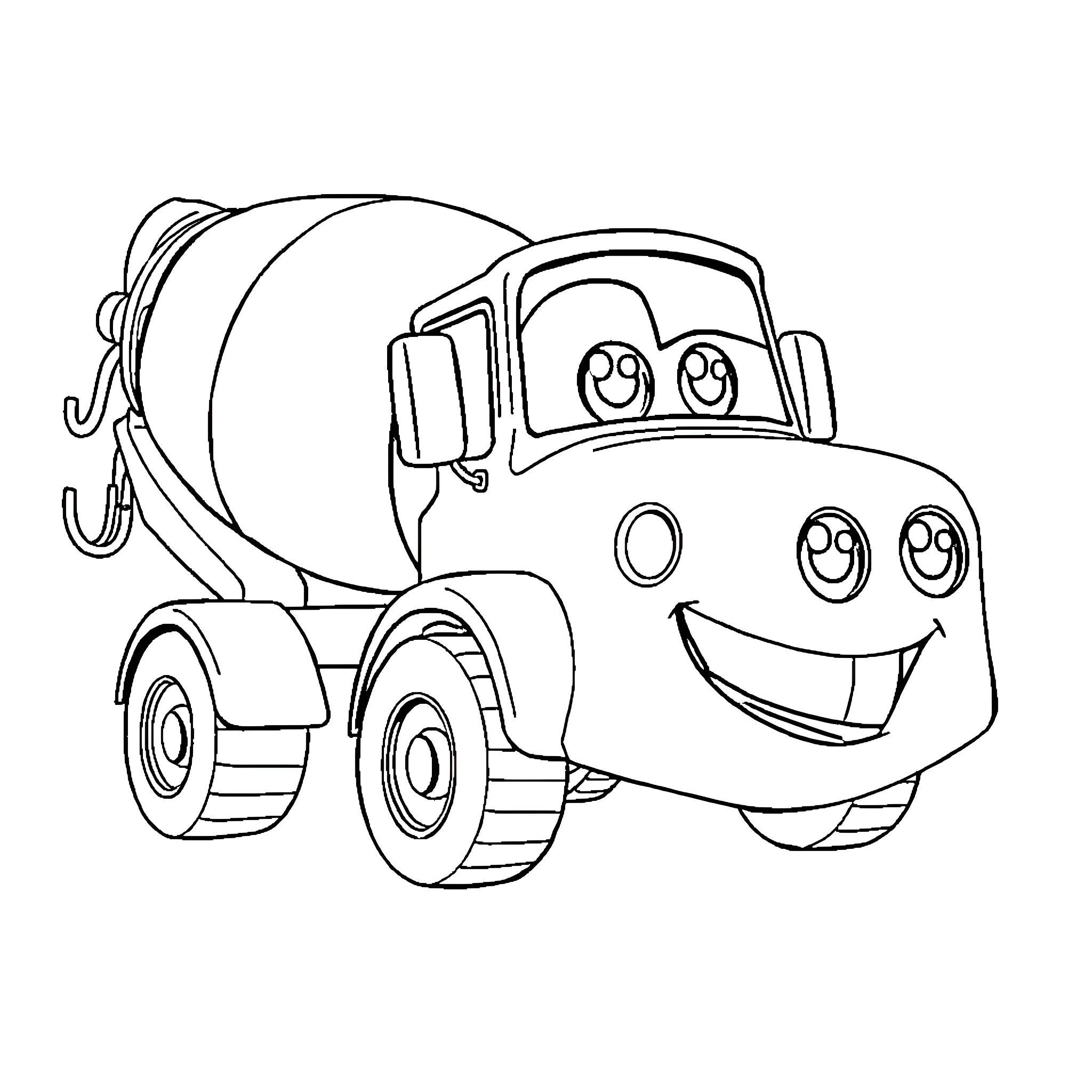 Cement Mixer Vehicle with Cheerful Expression Coloring Page (free black-and-white line drawing printable PDF for all, from beginners to advanced learners, including children, teens, adults, and seniors)
