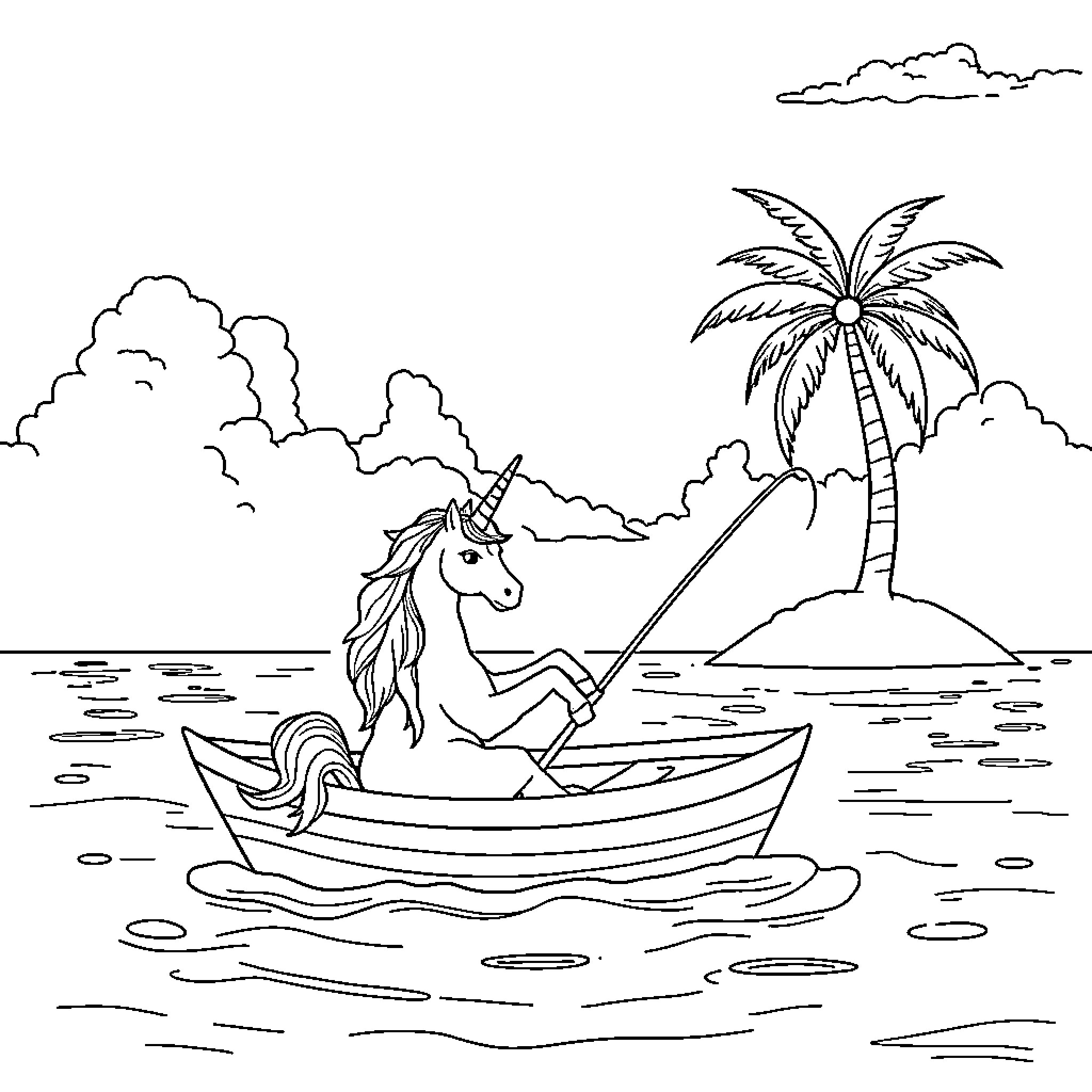 Unicorn sailing away on a tropical boat adventure Coloring Page (free black-and-white line drawing printable PDF for all, from beginners to advanced learners, including children, teens, adults, and seniors)