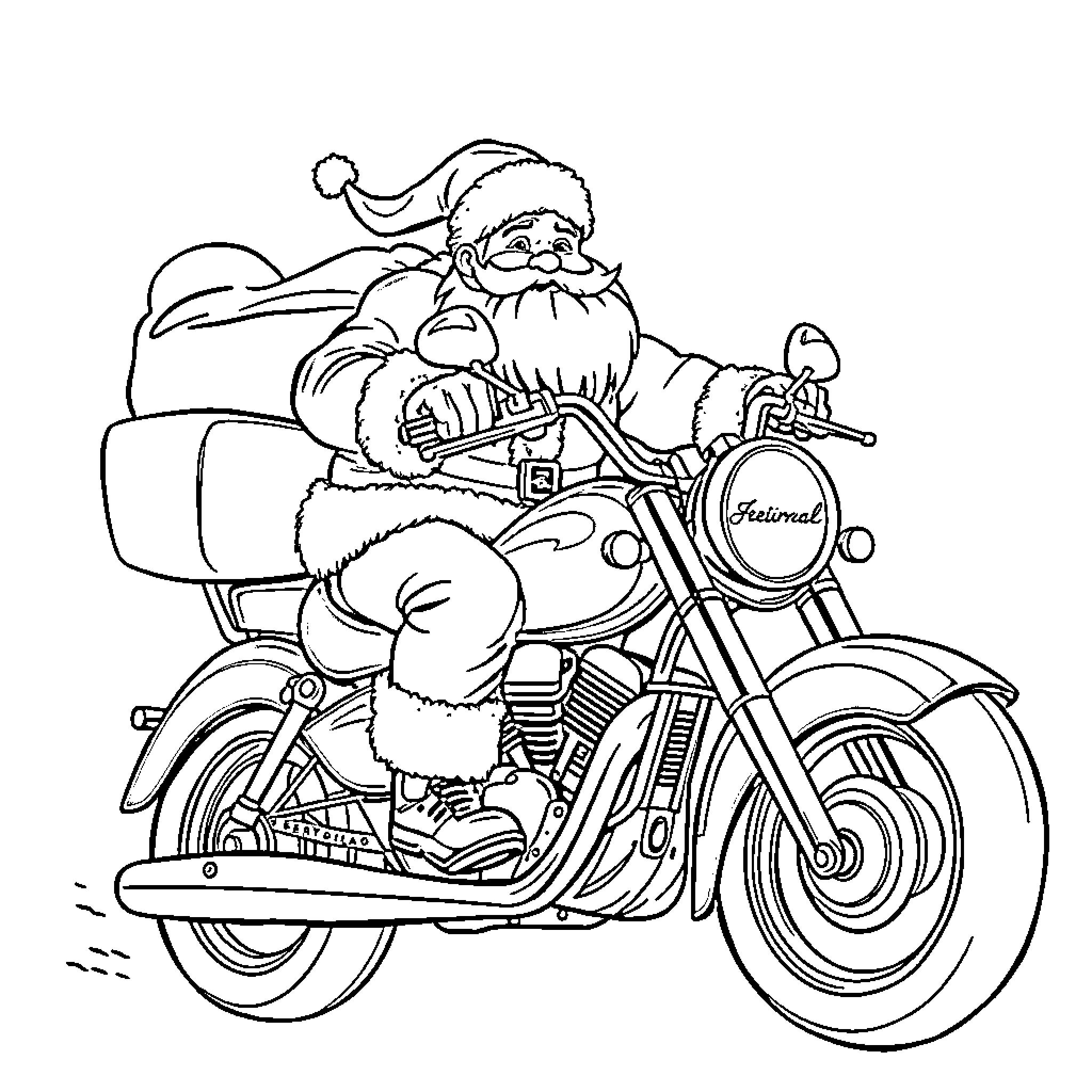 Santa Riding a Motorcycle Joyfully Coloring Page (free black-and-white line drawing printable PDF for all, from beginners to advanced learners, including children, teens, adults, and seniors)