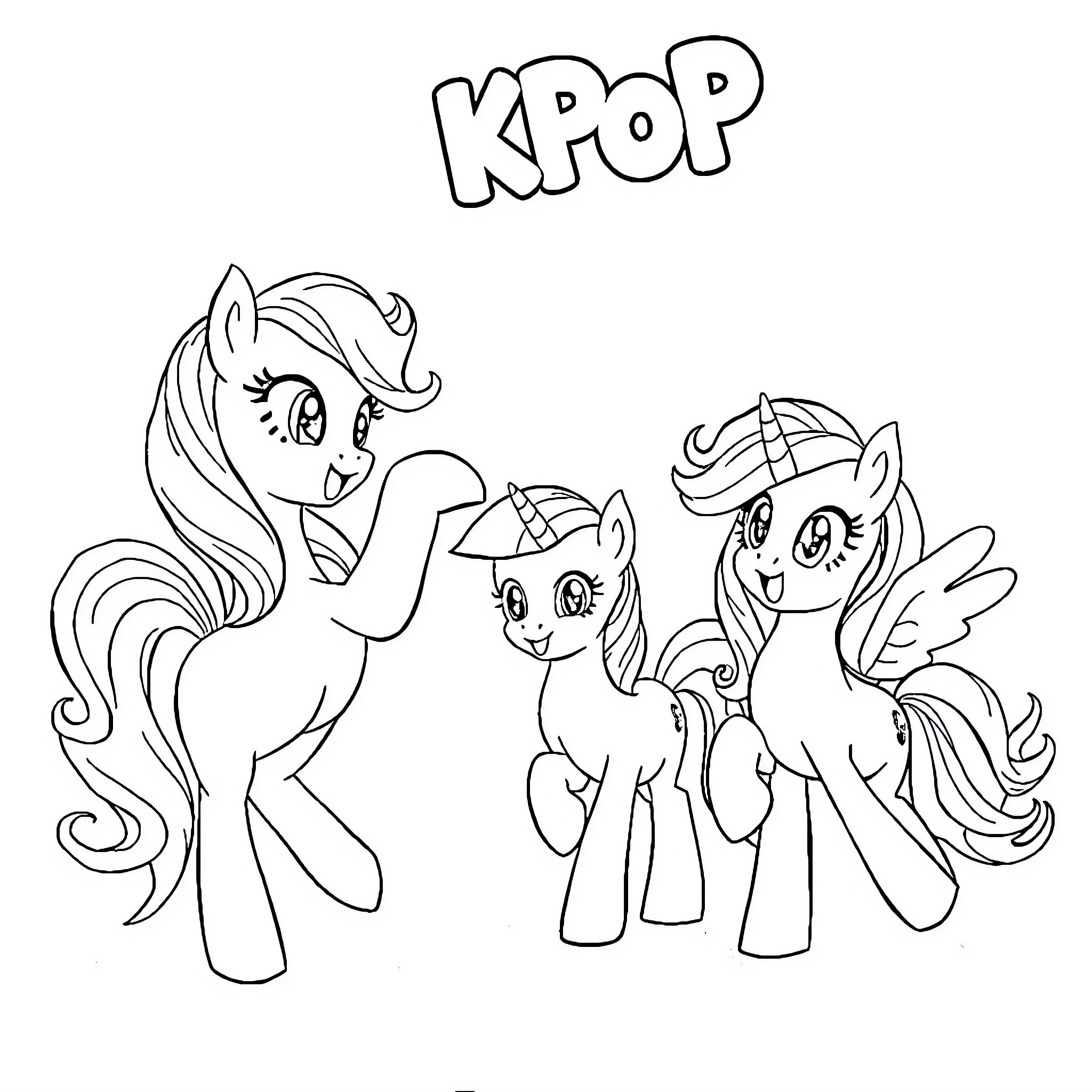 Pony friends enjoying a K-pop dance Coloring Page (free black-and-white line drawing printable PDF for all, from beginners to advanced learners, including children, teens, adults, and seniors)