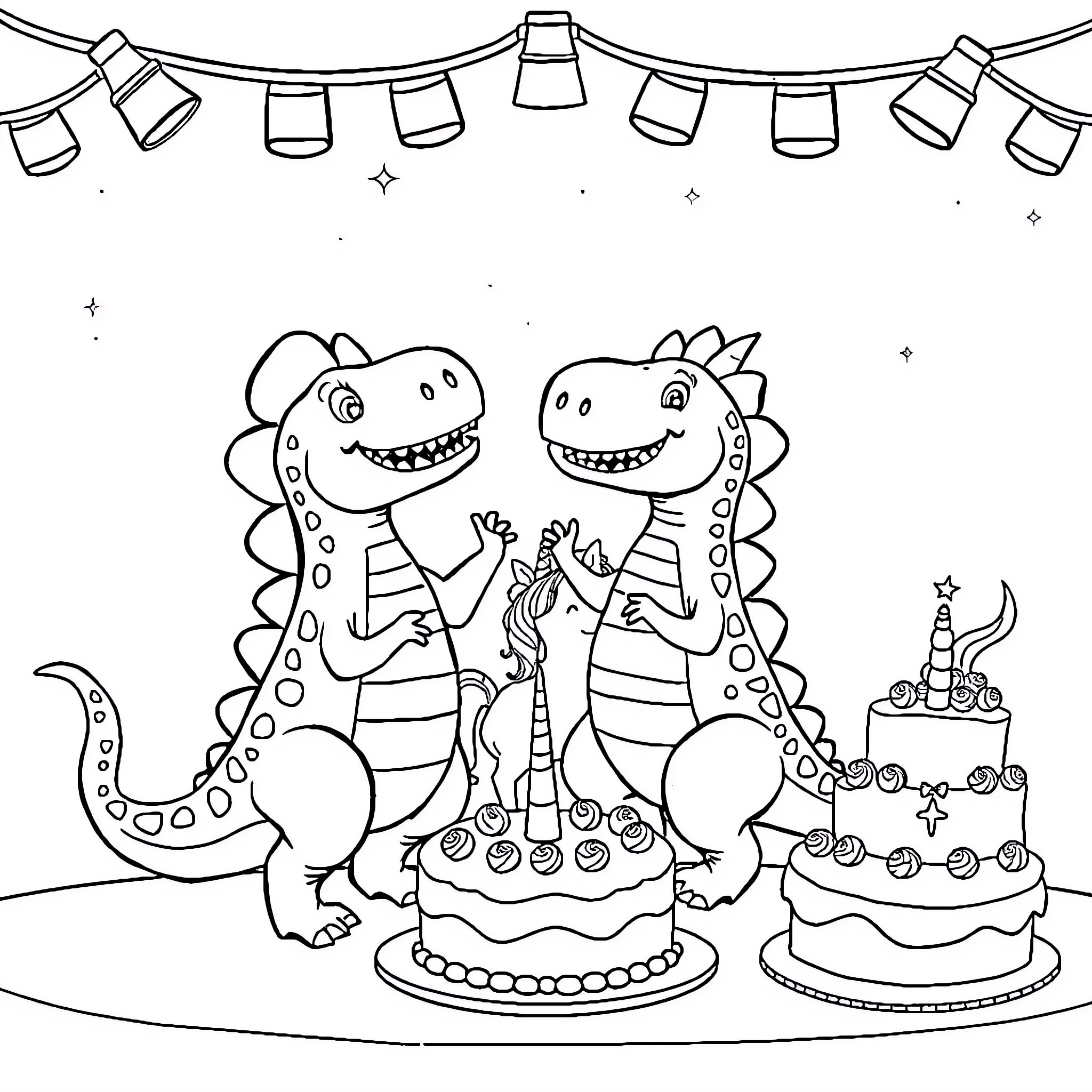 Dinosaurs celebrating birthday with cake and string lights Coloring Page (free black-and-white line drawing printable PDF for all, from beginners to advanced learners, including children, teens, adults, and seniors)