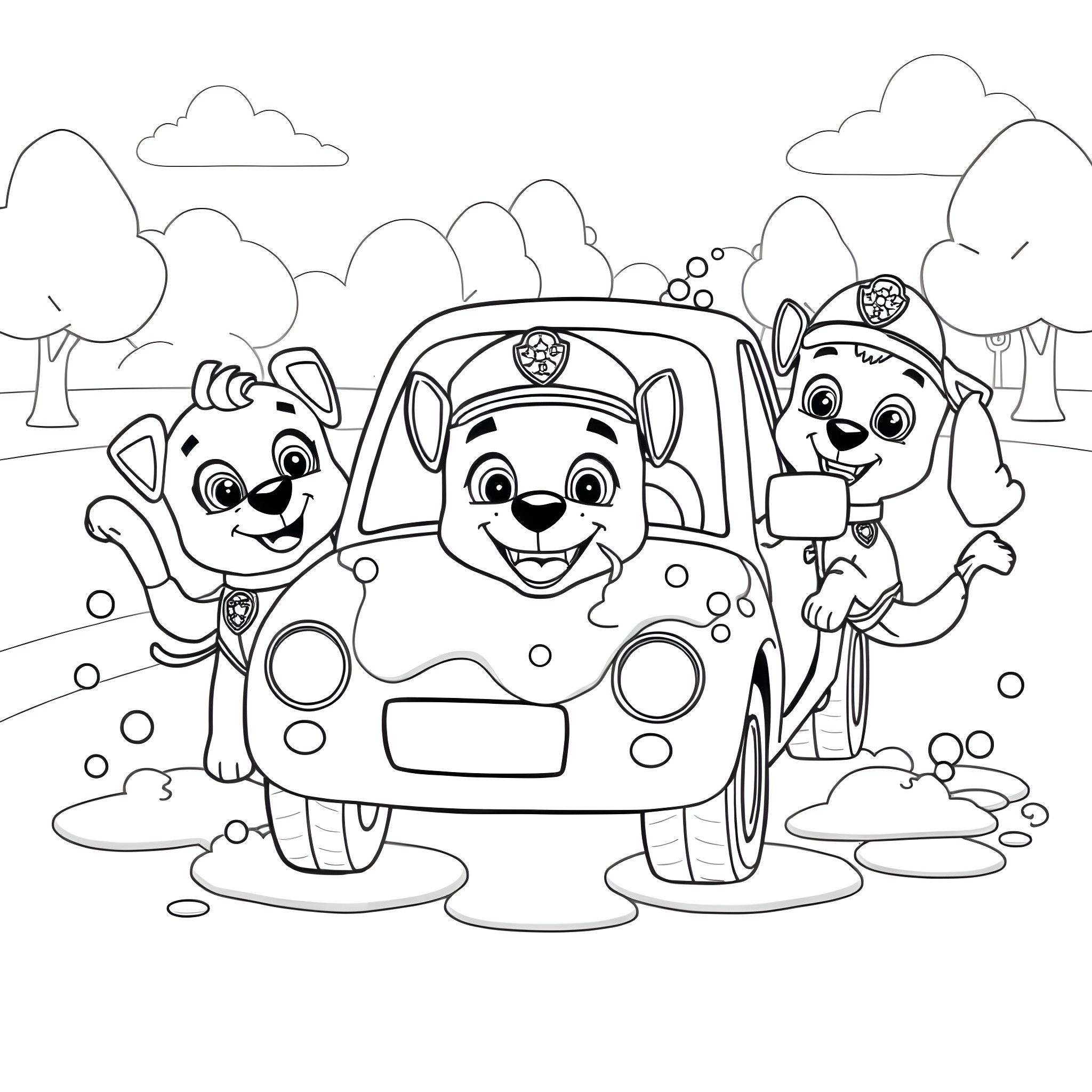 Paw Patrol characters enjoying a car wash adventure Coloring Page (free black-and-white line drawing printable PDF for all, from beginners to advanced learners, including children, teens, adults, and seniors)