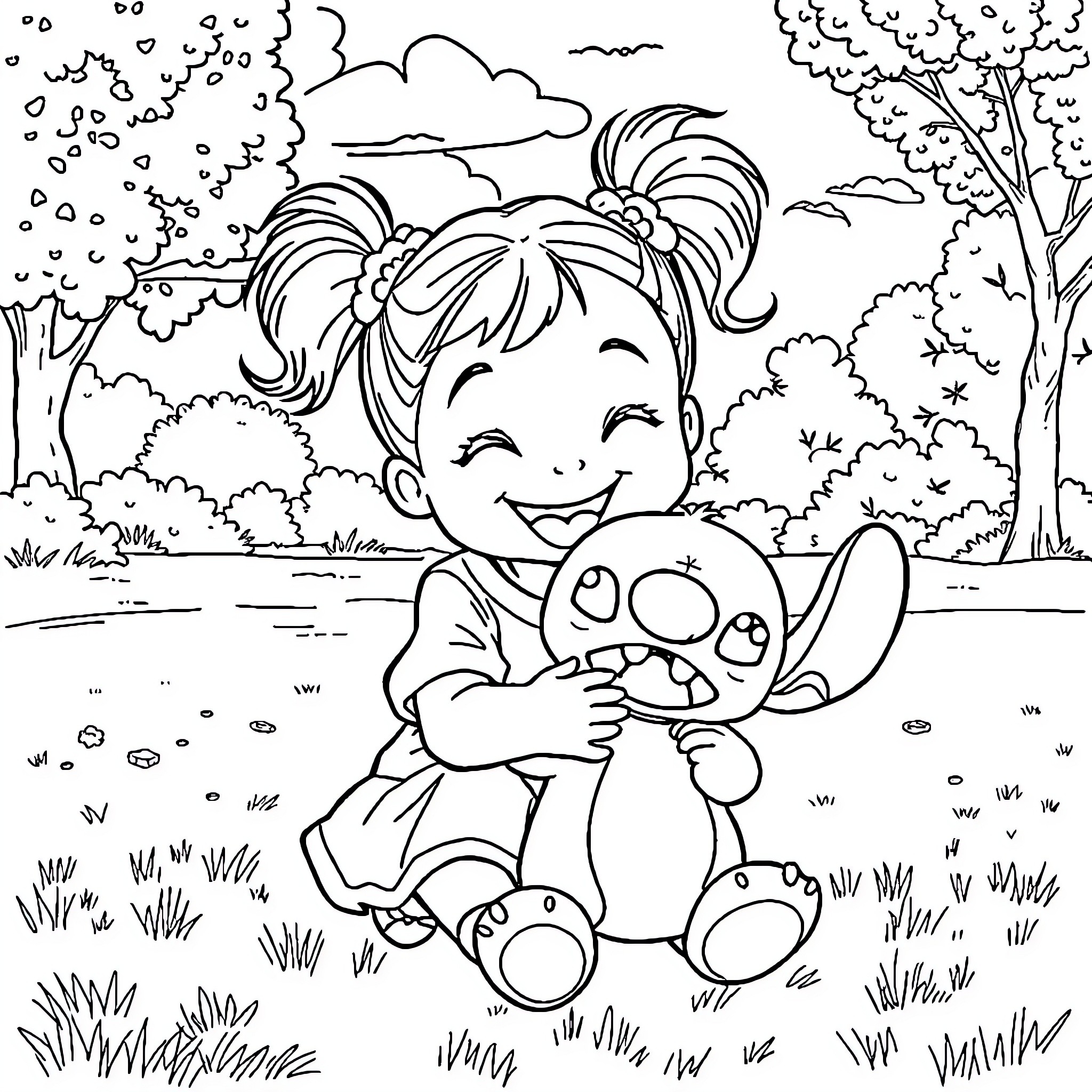 Girl playing joyfully with stuffed animal in park Coloring Page (free black-and-white line drawing printable PDF for all, from beginners to advanced learners, including children, teens, adults, and seniors)