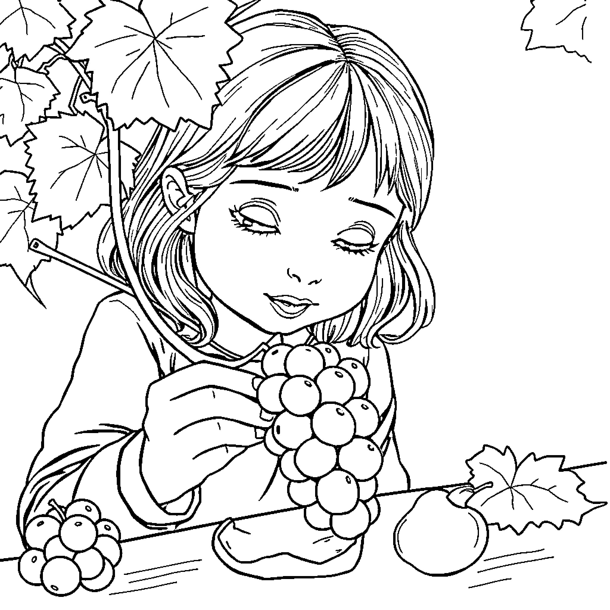 Alexandra enjoying fresh grapes in the garden Coloring Page (free black-and-white line drawing printable PDF for all, from beginners to advanced learners, including children, teens, adults, and seniors)