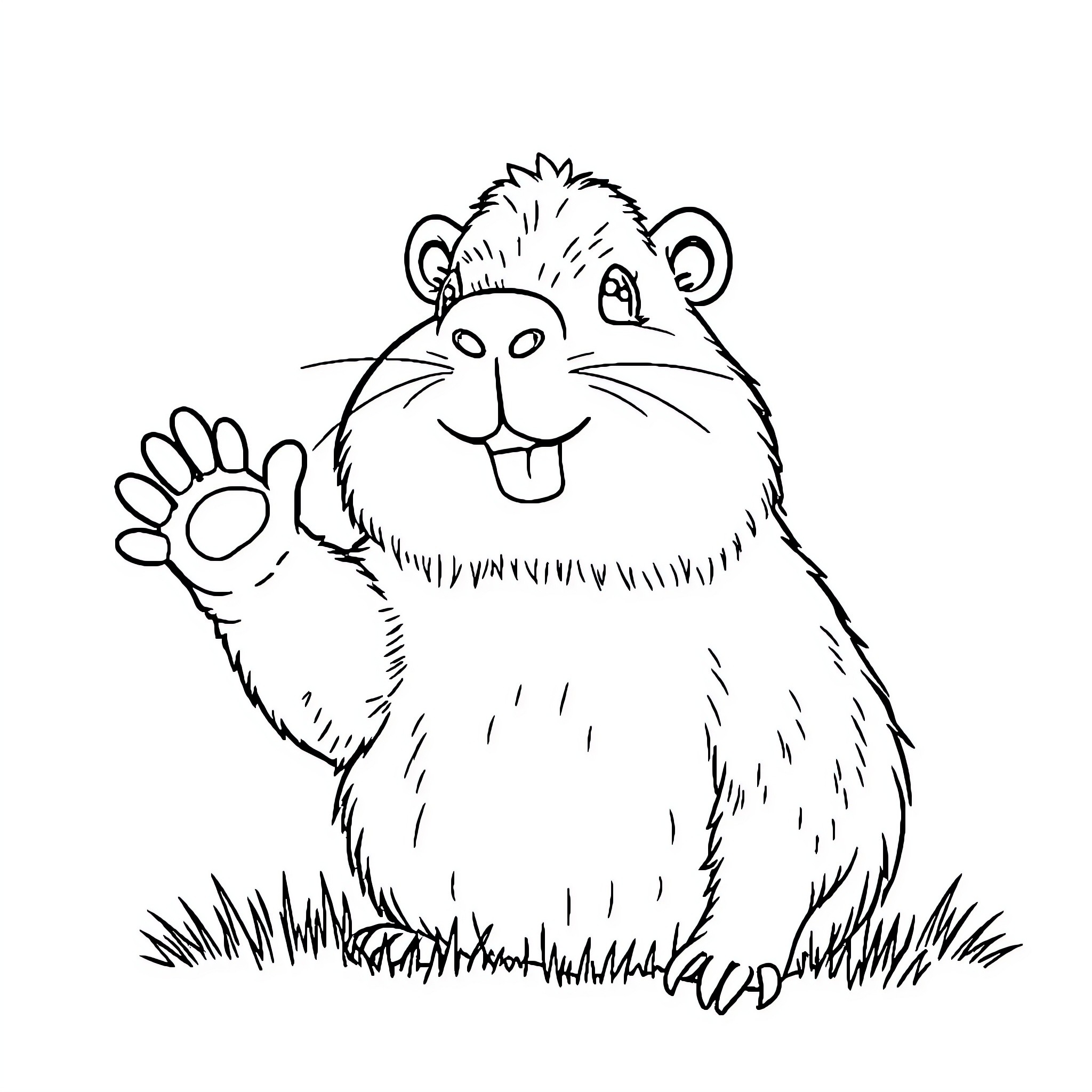 Capybara waving in the grass Coloring Page (free black-and-white line drawing printable PDF for all, from beginners to advanced learners, including children, teens, adults, and seniors)