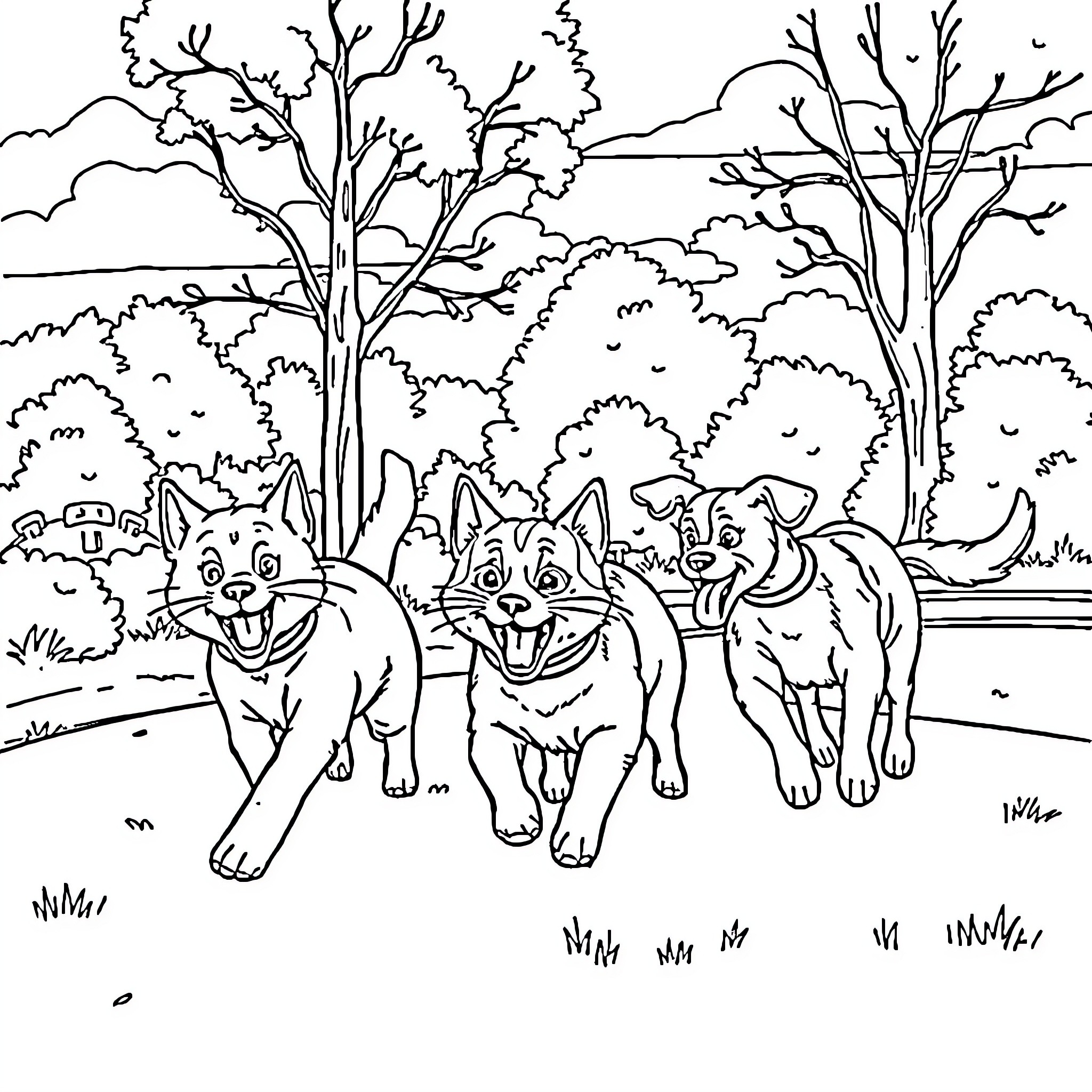 Cats Playing Joyfully in the Forest Coloring Page (free black-and-white line drawing printable PDF for all, from beginners to advanced learners, including children, teens, adults, and seniors)