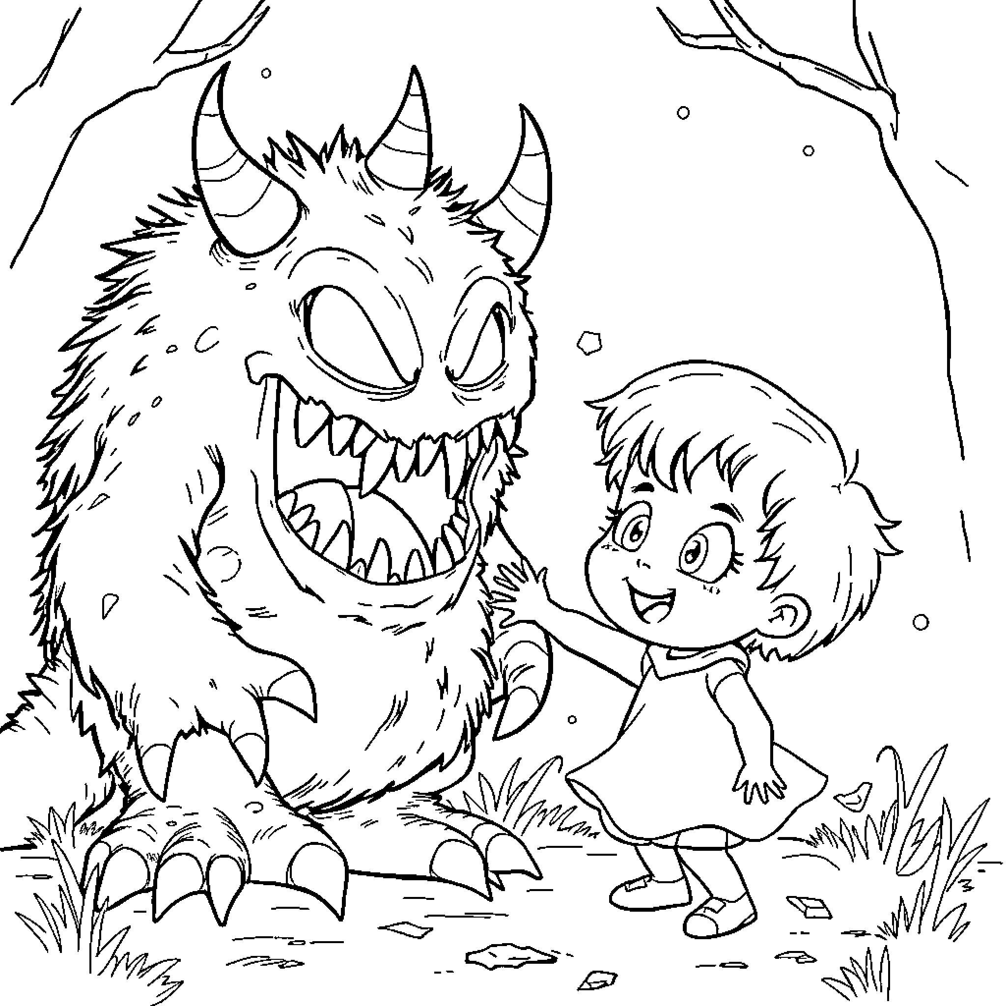 Child and Friendly Monster in the Woods Coloring Page (free black-and-white line drawing printable PDF for all, from beginners to advanced learners, including children, teens, adults, and seniors)