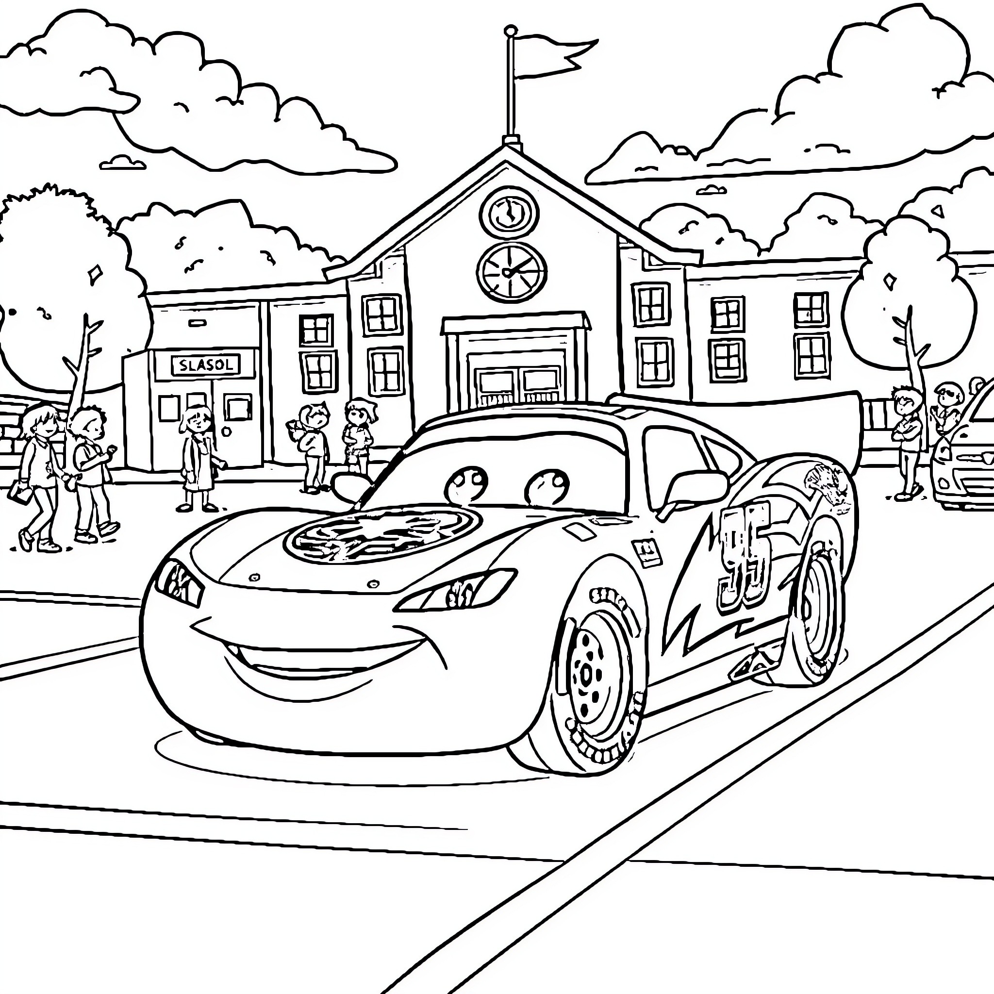 Lightning McQueen Races Through a School Campus Coloring Page (free black-and-white line drawing printable PDF for all, from beginners to advanced learners, including children, teens, adults, and seniors)