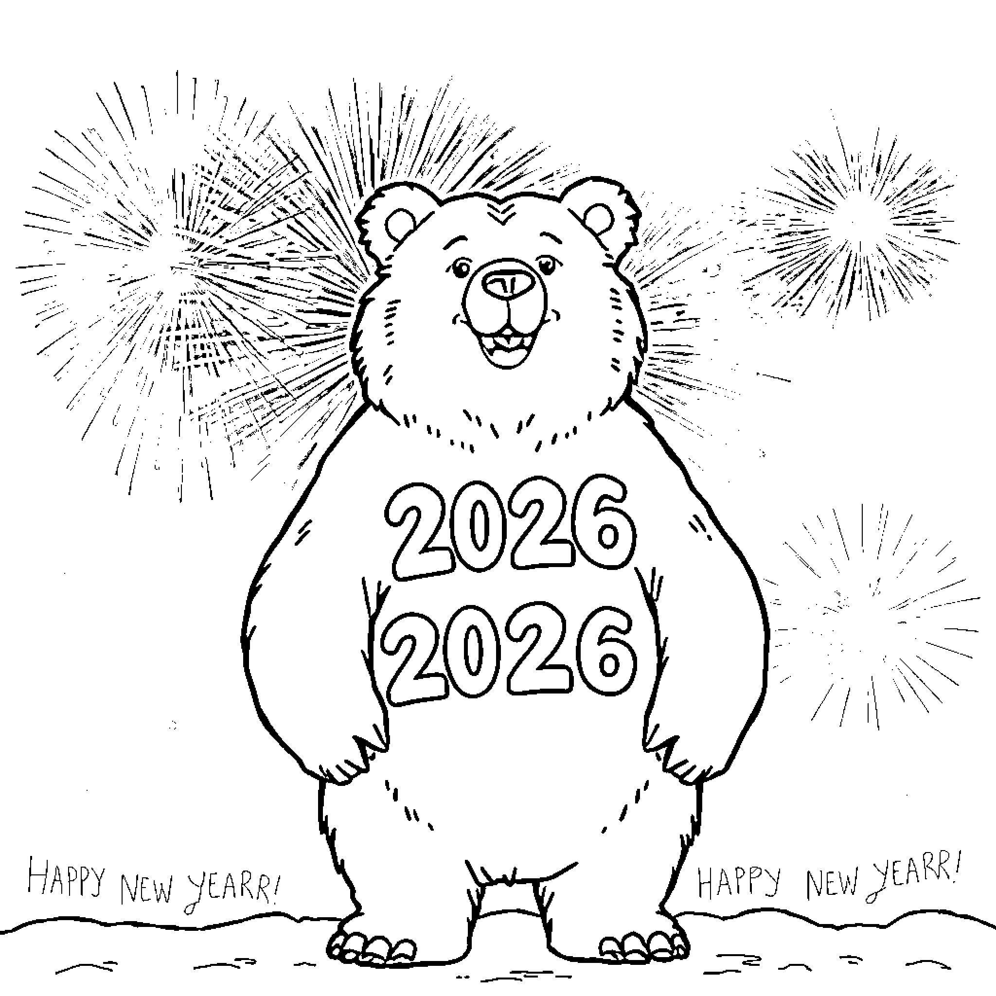 Bear celebrating the New Year with fireworks Coloring Page (free black-and-white line drawing printable PDF for all, from beginners to advanced learners, including children, teens, adults, and seniors)