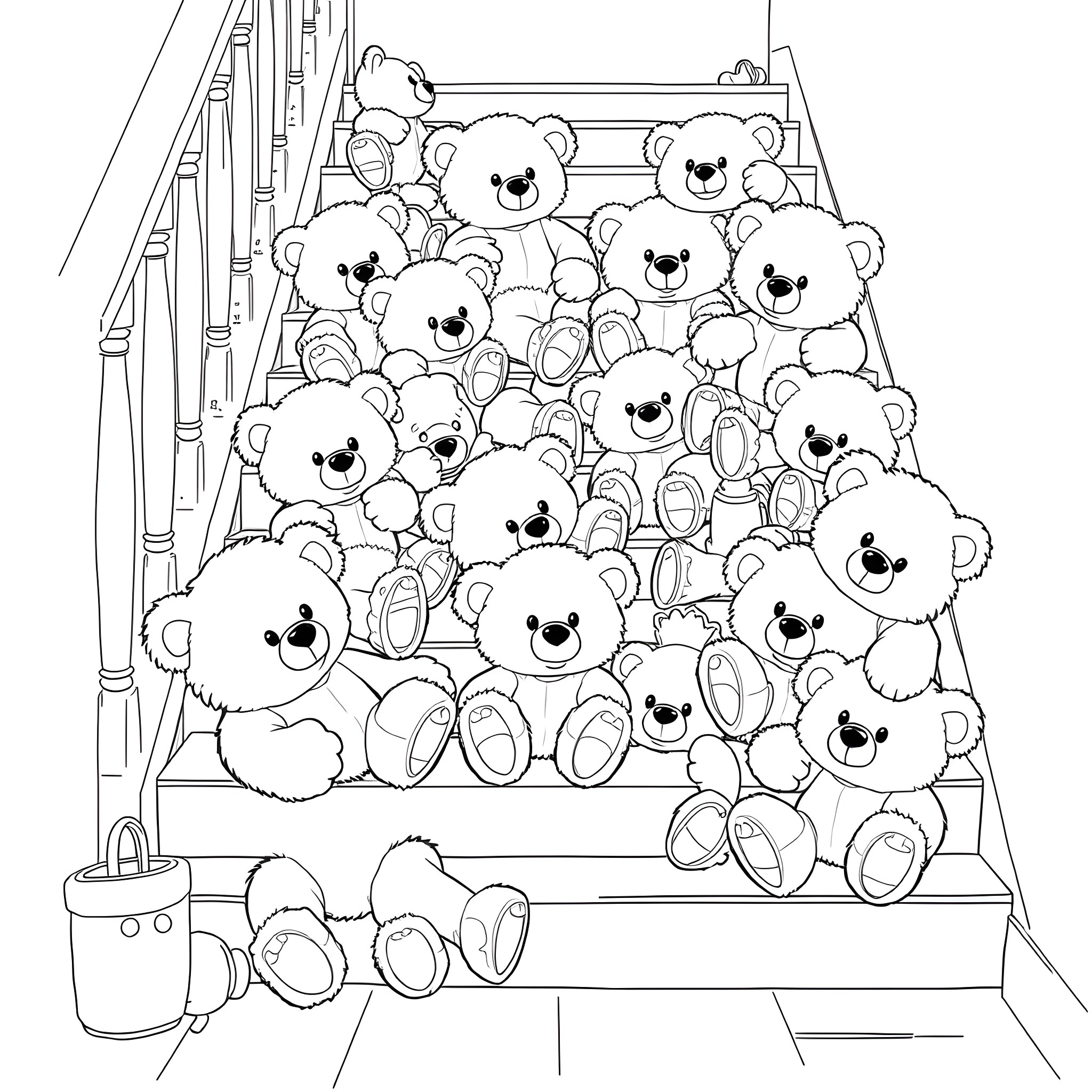Teddy Bears Climbing the Stairs Coloring Page (free black-and-white line drawing printable PDF for all, from beginners to advanced learners, including children, teens, adults, and seniors)