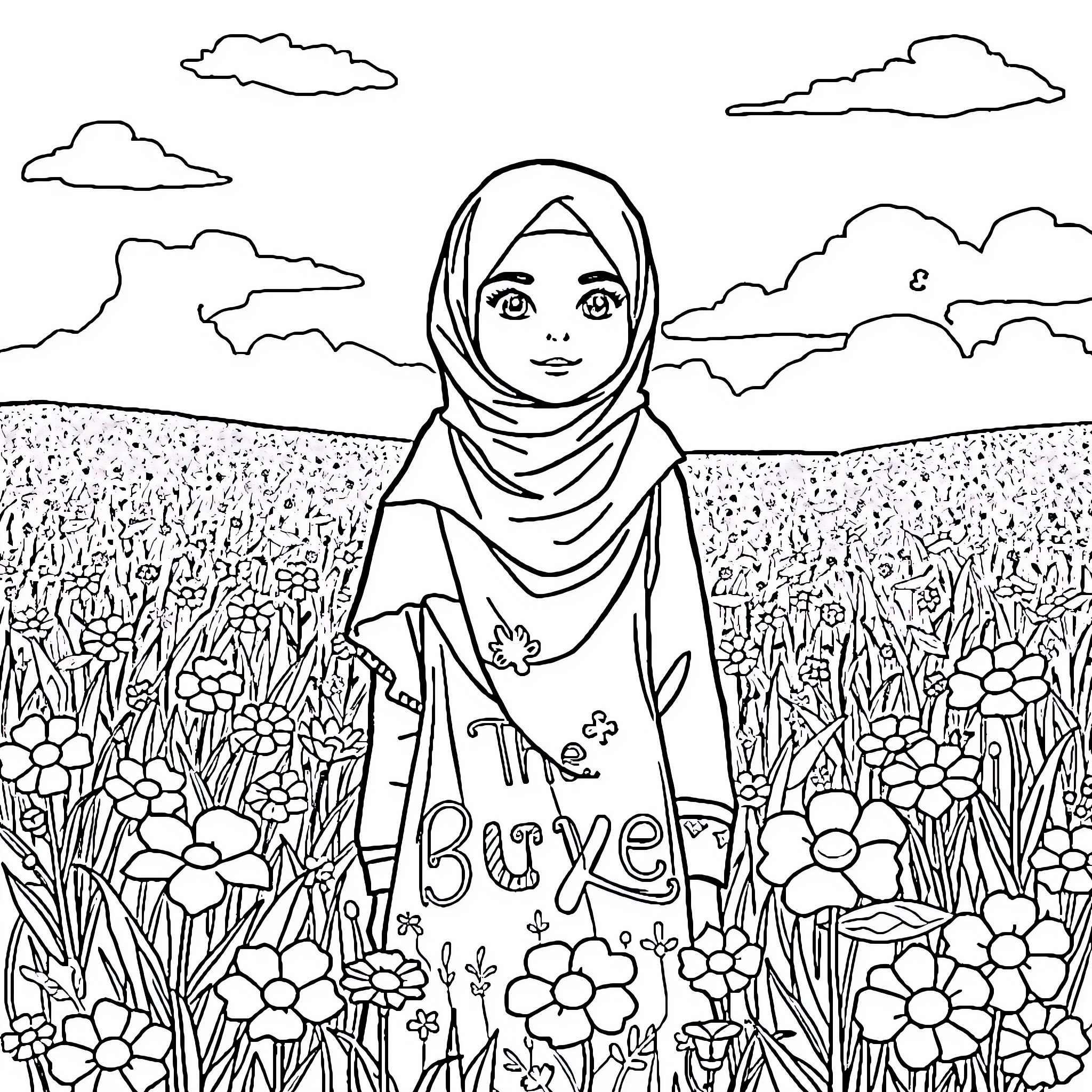Girl exploring a lush floral landscape Coloring Page (free black-and-white line drawing printable PDF for all, from beginners to advanced learners, including children, teens, adults, and seniors)