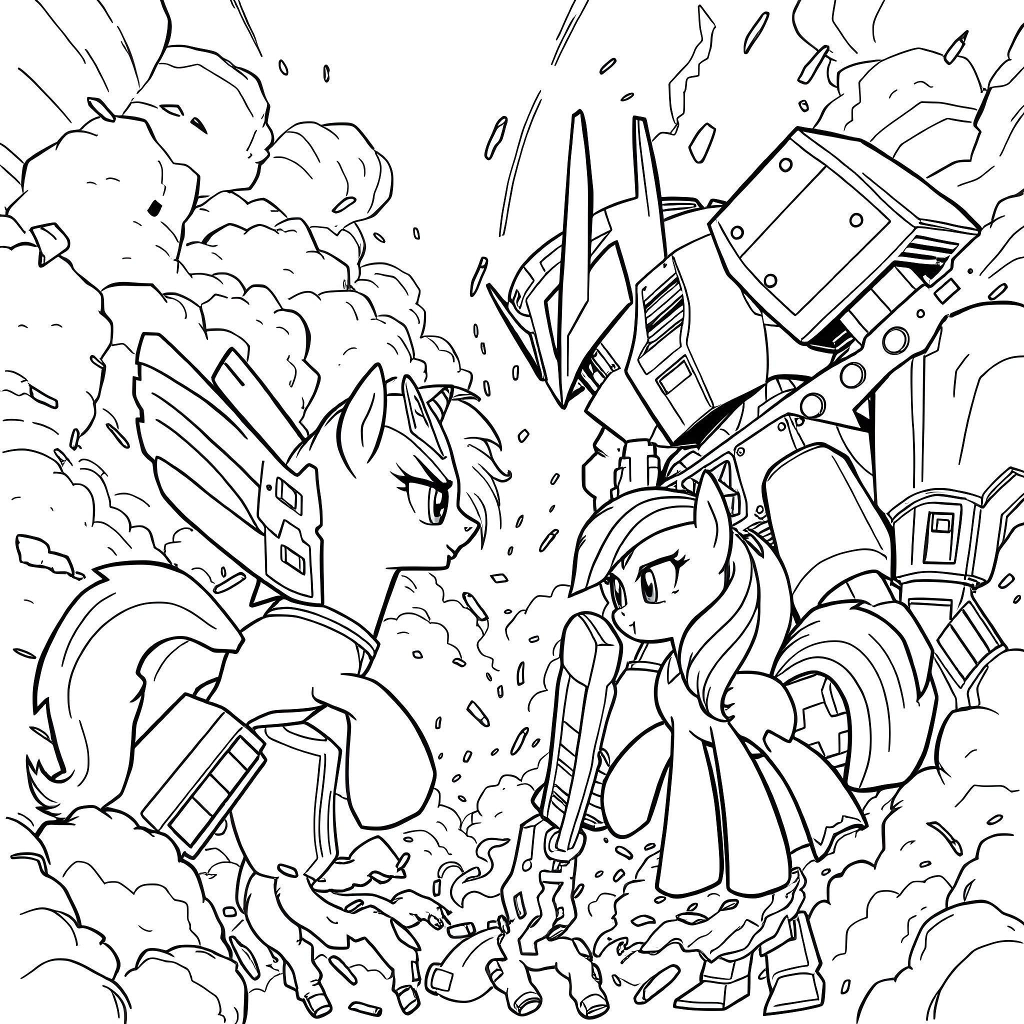 Autobot heroes in epic battle Coloring Page (free black-and-white line drawing printable PDF for all, from beginners to advanced learners, including children, teens, adults, and seniors)