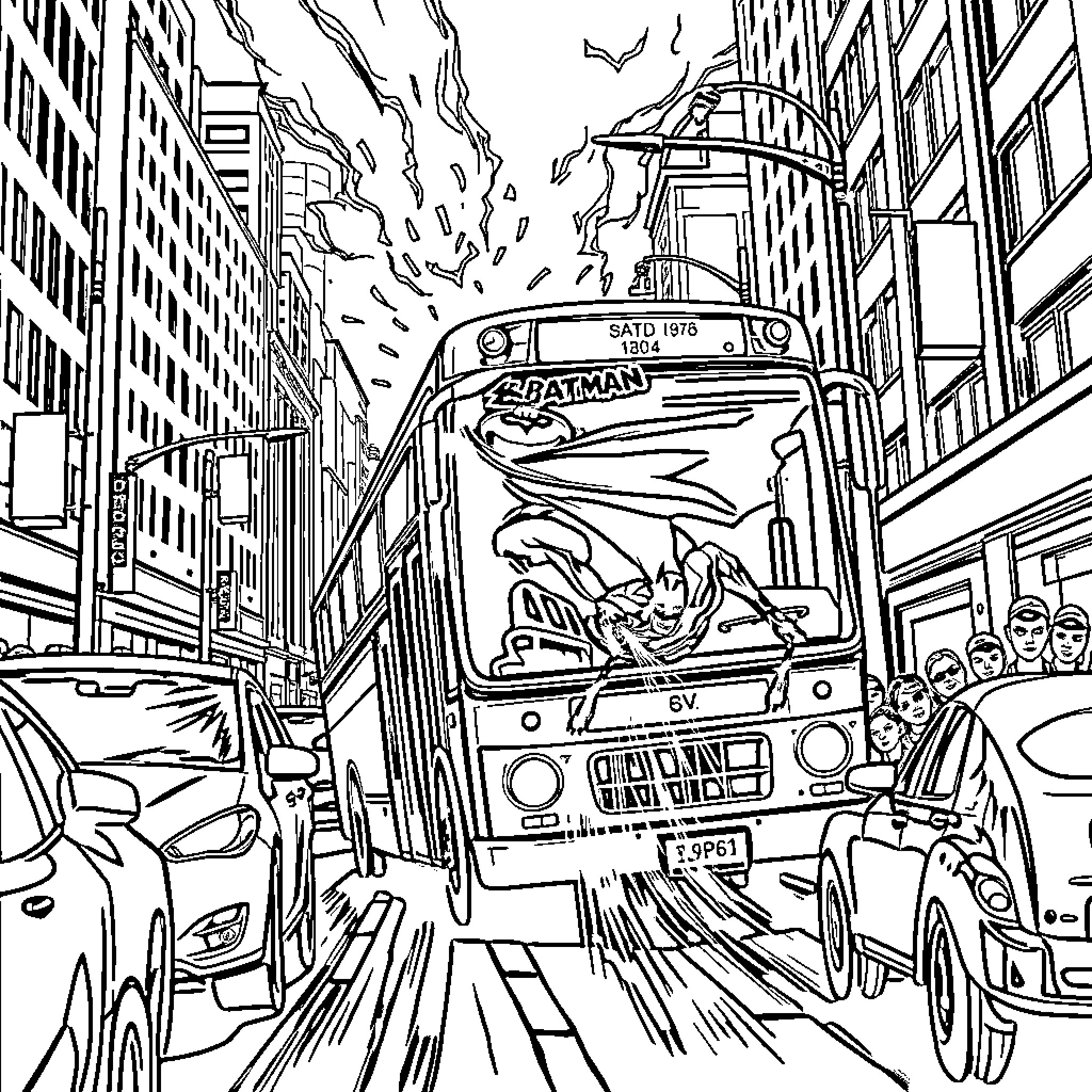 Bus Speeds Through Chaotic City Street Scene Coloring Page (free black-and-white line drawing printable PDF for all, from beginners to advanced learners, including children, teens, adults, and seniors)