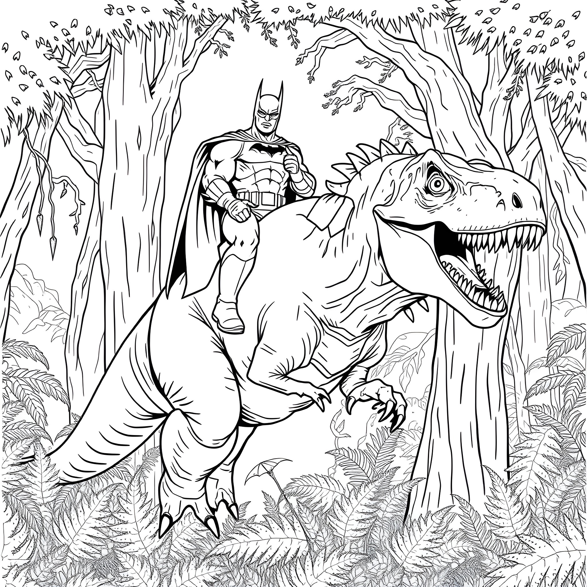Batman's Prehistoric Adventure in the Jungle Coloring Page (free black-and-white line drawing printable PDF for all, from beginners to advanced learners, including children, teens, adults, and seniors)