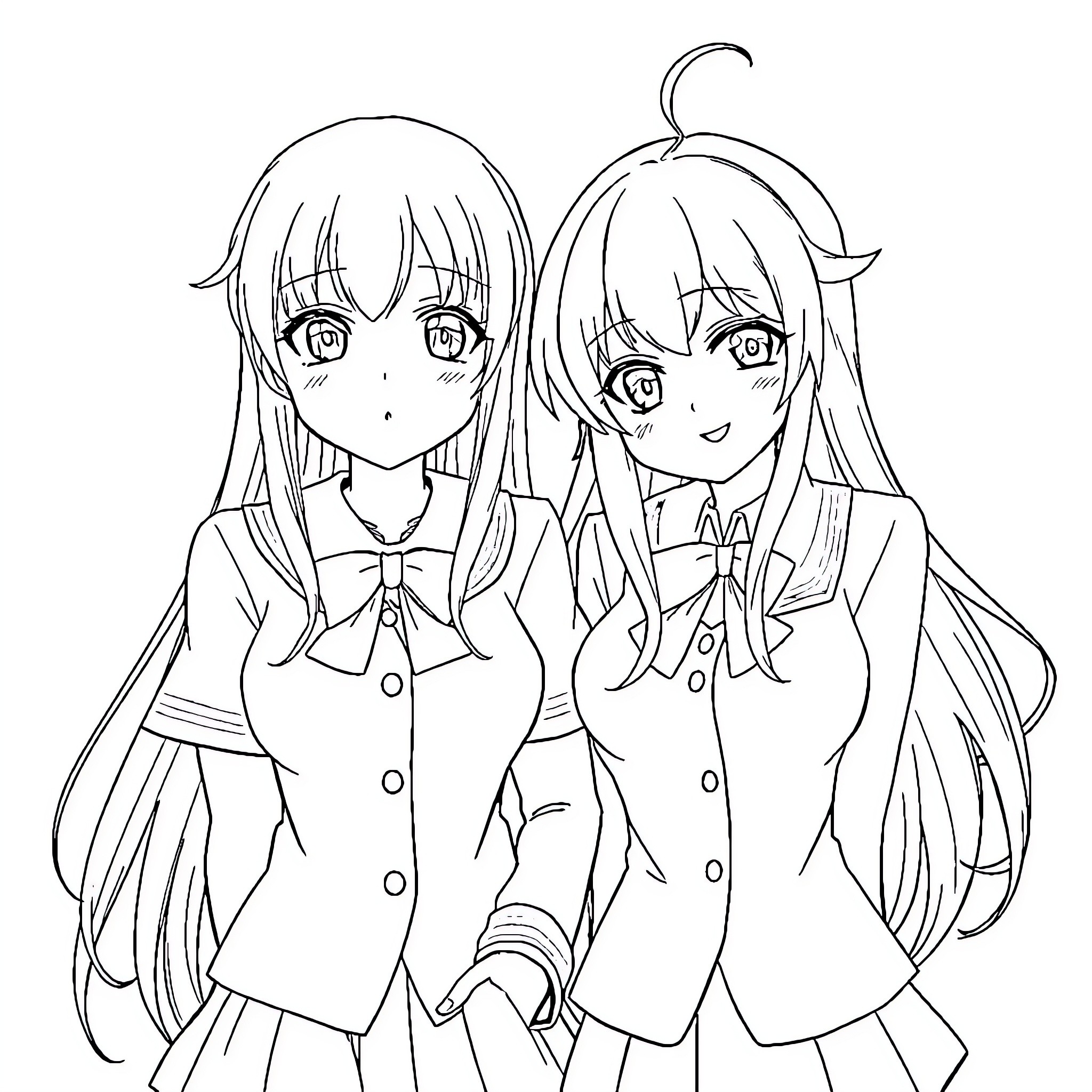 Rias Gremory smiling cheerfully with friend in school uniforms Coloring Page (free black-and-white line drawing printable PDF for all, from beginners to advanced learners, including children, teens, adults, and seniors)