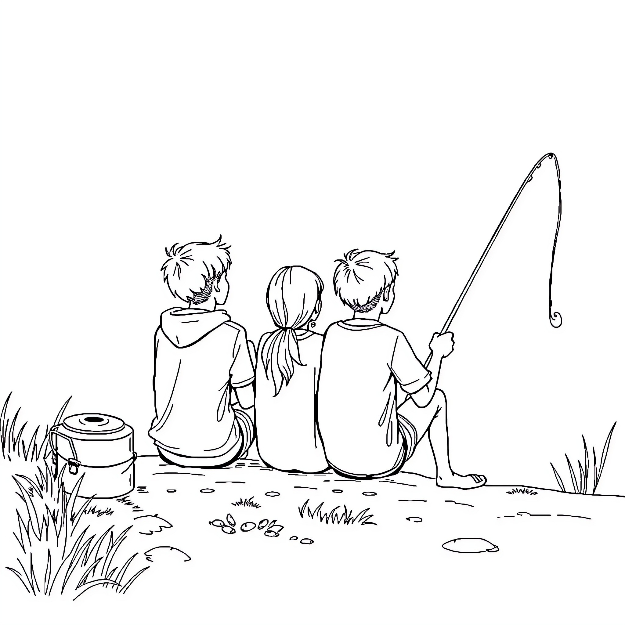 Teenager fishing with friends in nature Coloring Page (free black-and-white line drawing printable PDF for all, from beginners to advanced learners, including children, teens, adults, and seniors)