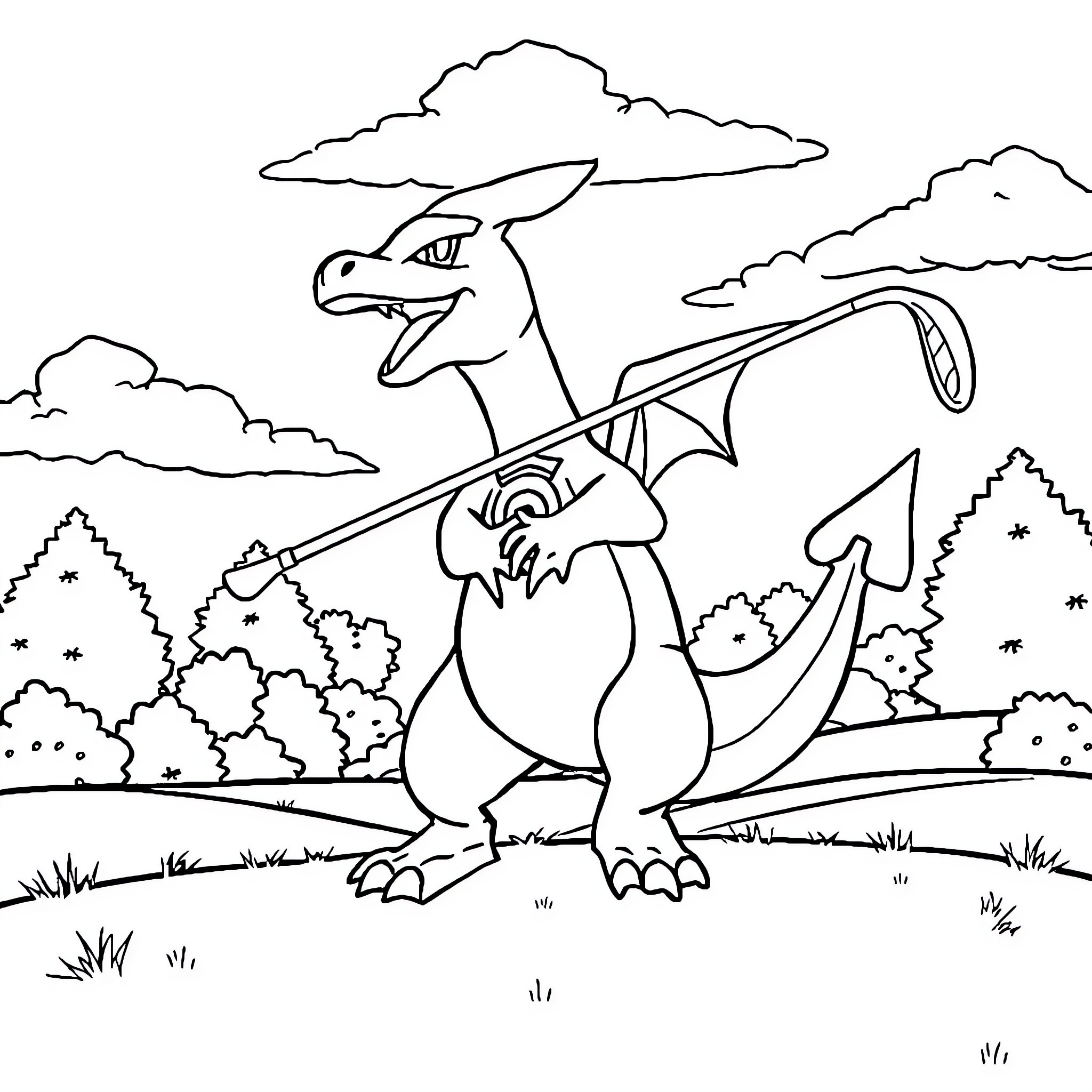Charizard roaring in the wilderness Coloring Page (free black-and-white line drawing printable PDF for all, from beginners to advanced learners, including children, teens, adults, and seniors)