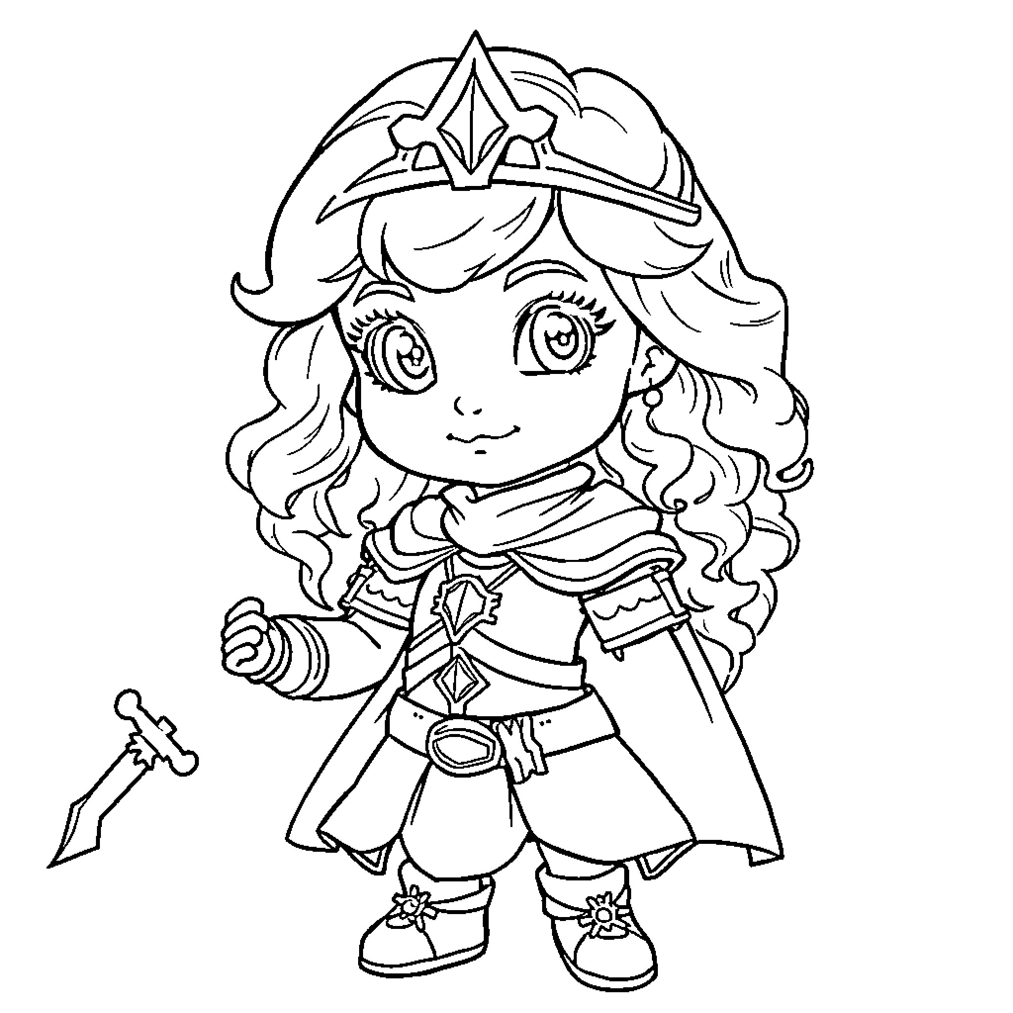 Princess in a Heroic Pose with Sword Coloring Page (free black-and-white line drawing printable PDF for all, from beginners to advanced learners, including children, teens, adults, and seniors)