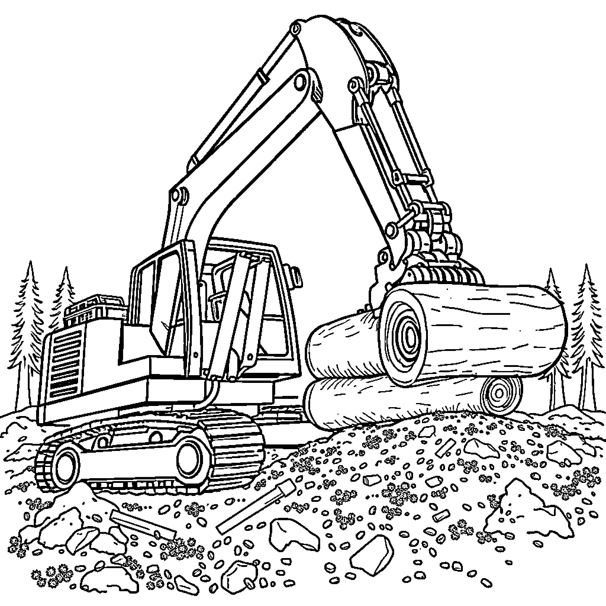 Excavator working diligently in the forest Coloring Page (free black-and-white line drawing printable PDF for all, from beginners to advanced learners, including children, teens, adults, and seniors)