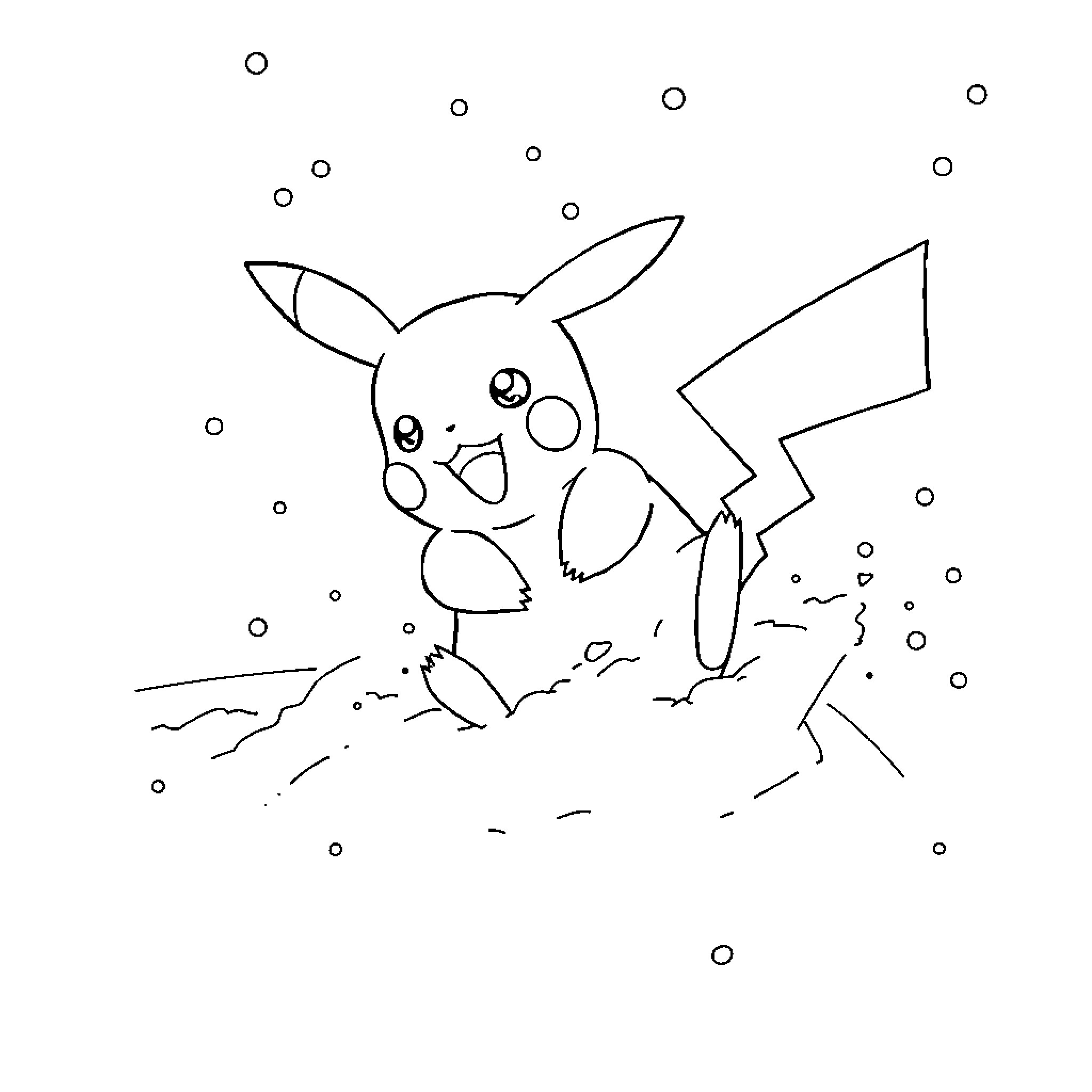 Pikachu exploring a snowy landscape Coloring Page (free black-and-white line drawing printable PDF for all, from beginners to advanced learners, including children, teens, adults, and seniors)