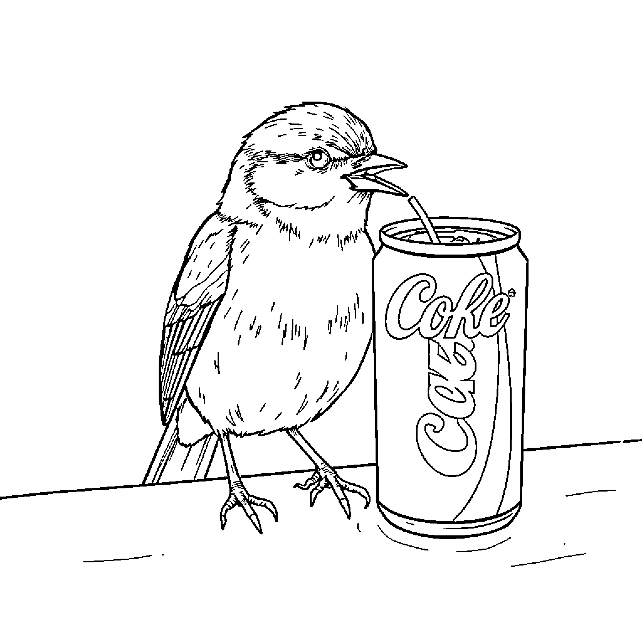 Bird drinking from a soda can Coloring Page (free black-and-white line drawing printable PDF for all, from beginners to advanced learners, including children, teens, adults, and seniors)