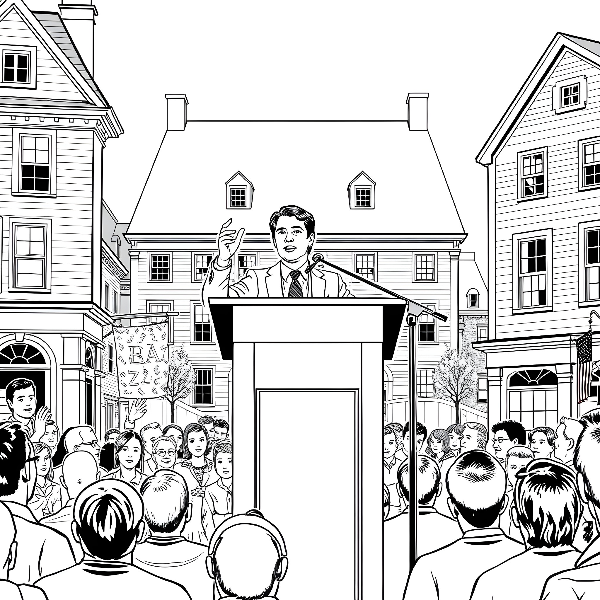 Jason Osborne addressing a public gathering in front of historic buildings Coloring Page (free black-and-white line drawing printable PDF for all, from beginners to advanced learners, including children, teens, adults, and seniors)
