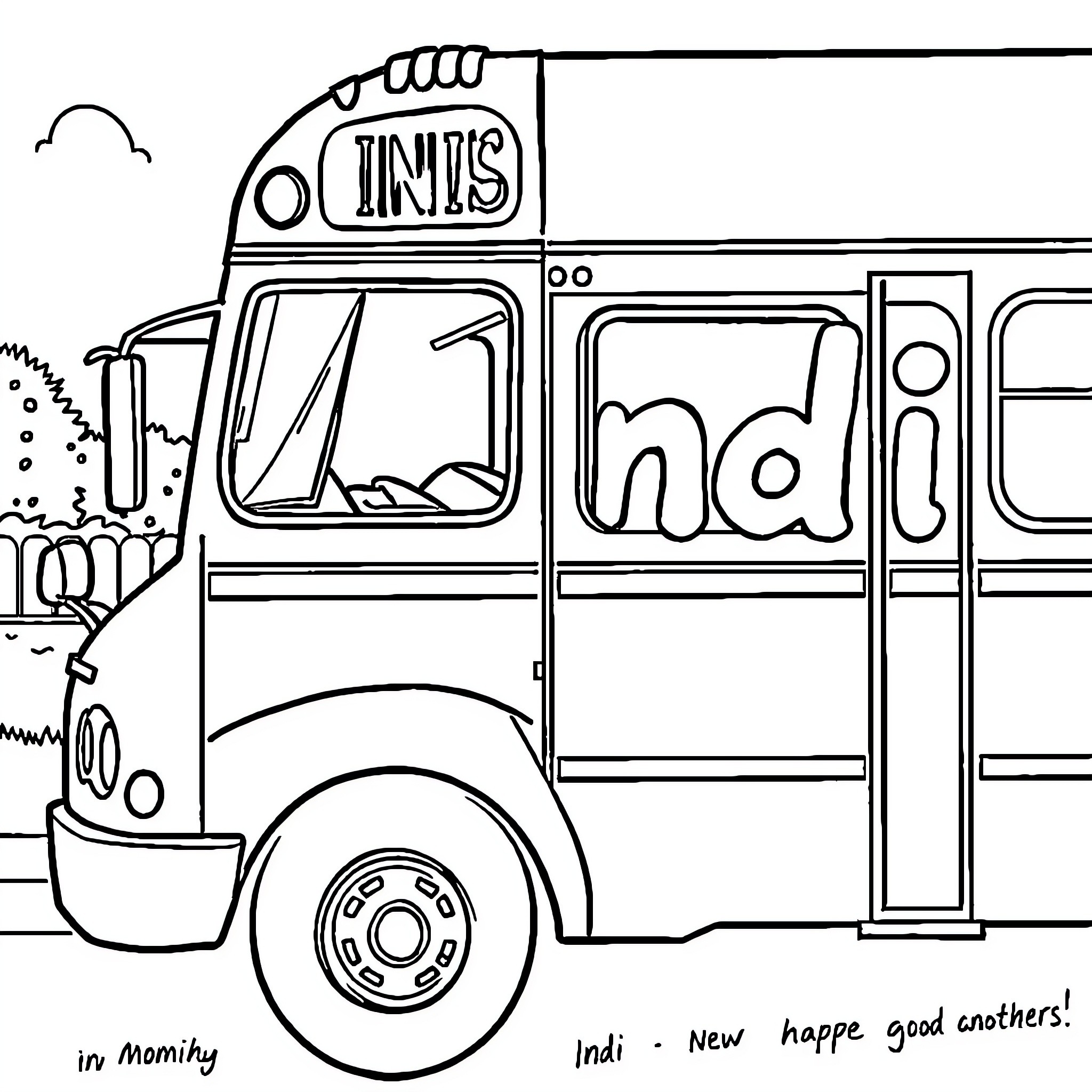 School Bus with Whimsical Drawings and Messages Coloring Page (free black-and-white line drawing printable PDF for all, from beginners to advanced learners, including children, teens, adults, and seniors)