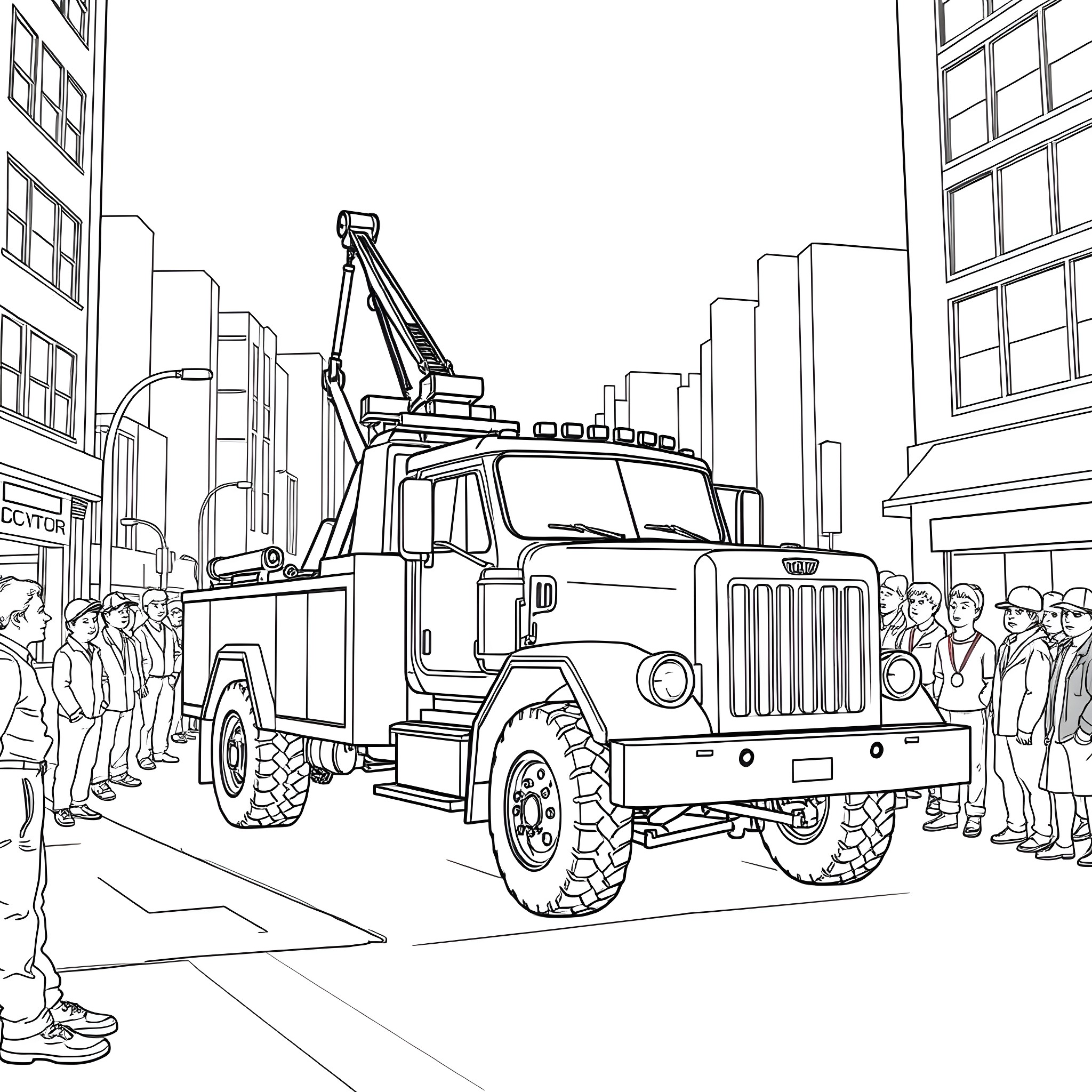 Tow Truck Assisting a Damaged Vehicle on City Street Coloring Page (free black-and-white line drawing printable PDF for all, from beginners to advanced learners, including children, teens, adults, and seniors)
