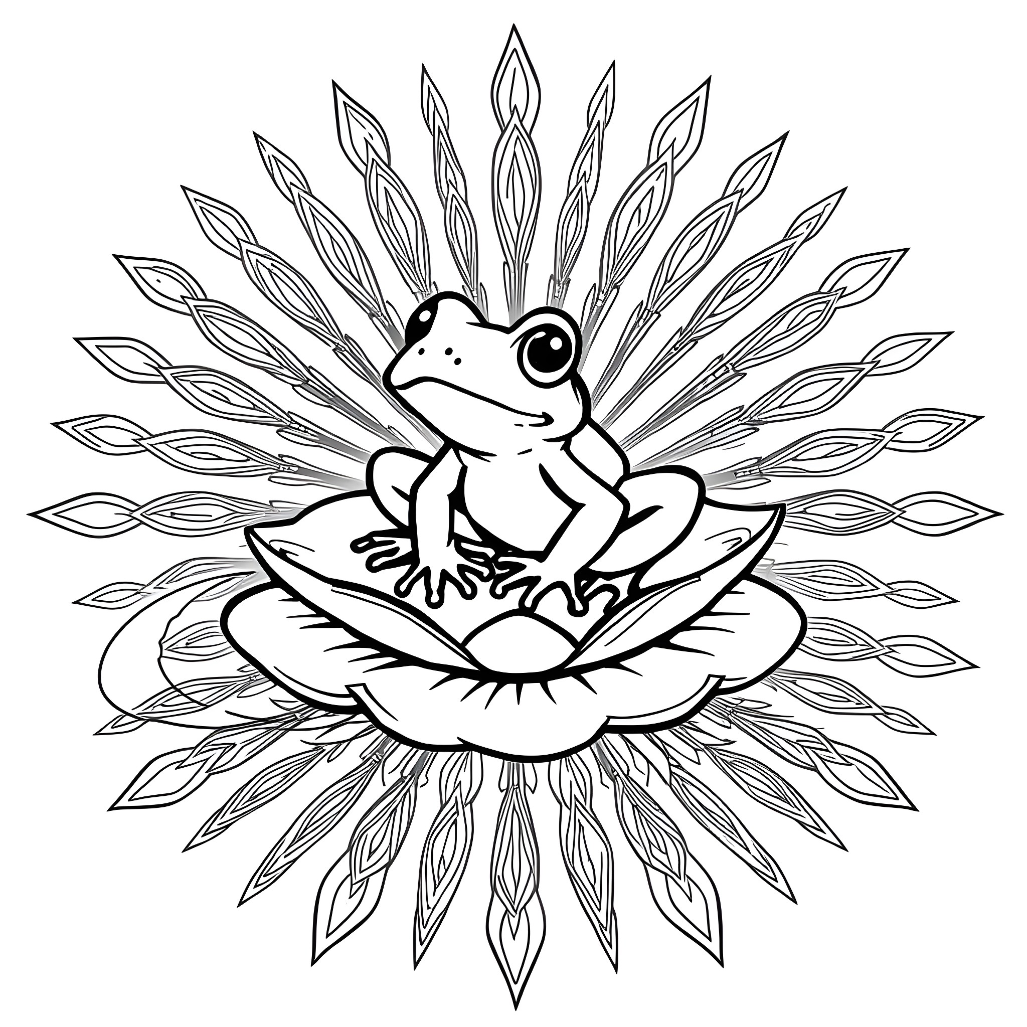 Frog sitting on a lotus flower Coloring Page (free black-and-white line drawing printable PDF for all, from beginners to advanced learners, including children, teens, adults, and seniors)