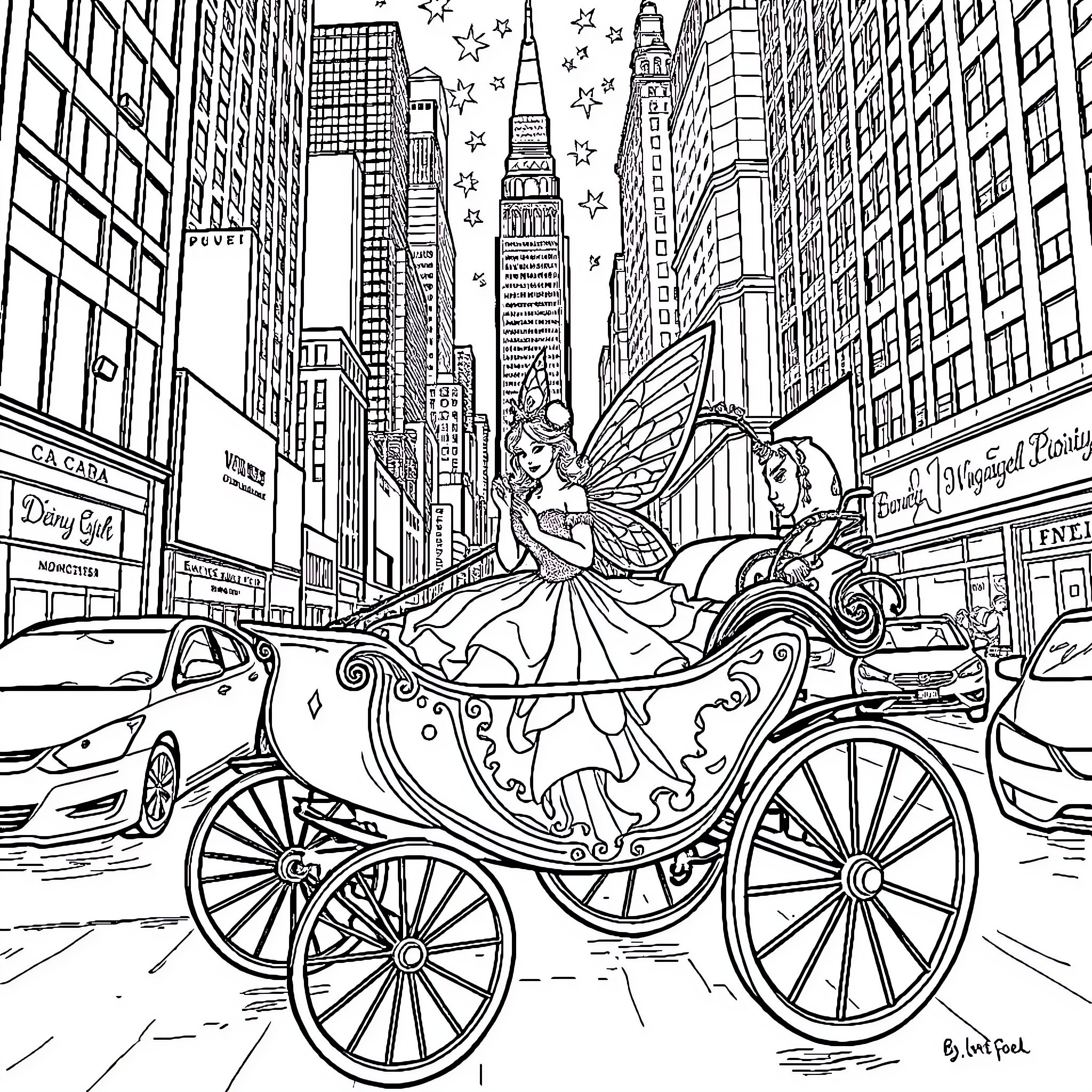 Fairy Godmother Travels in a Magical Carriage Coloring Page (free black-and-white line drawing printable PDF for all, from beginners to advanced learners, including children, teens, adults, and seniors)
