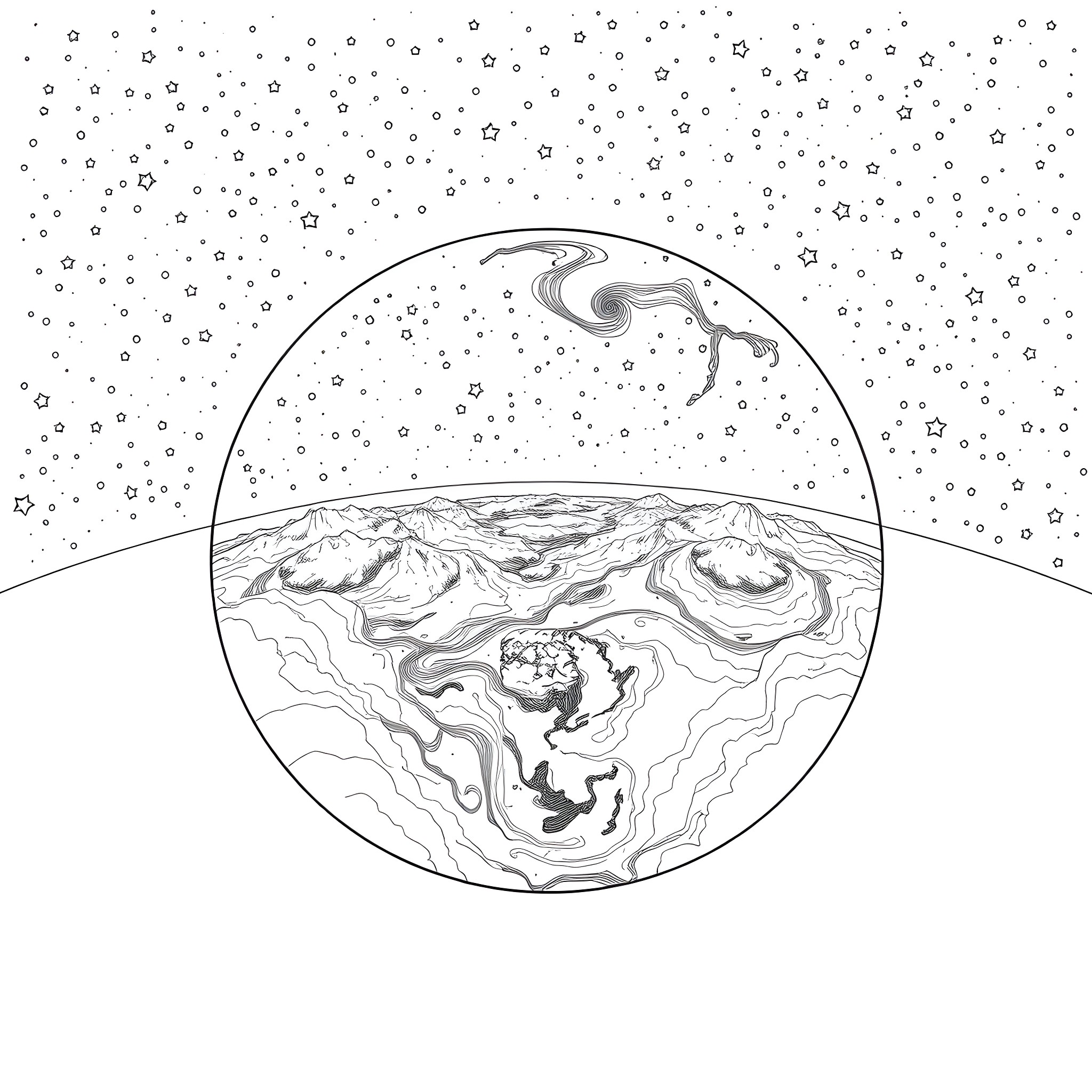 Earth in the Cosmos Coloring Page (free black-and-white line drawing printable PDF for all, from beginners to advanced learners, including children, teens, adults, and seniors)