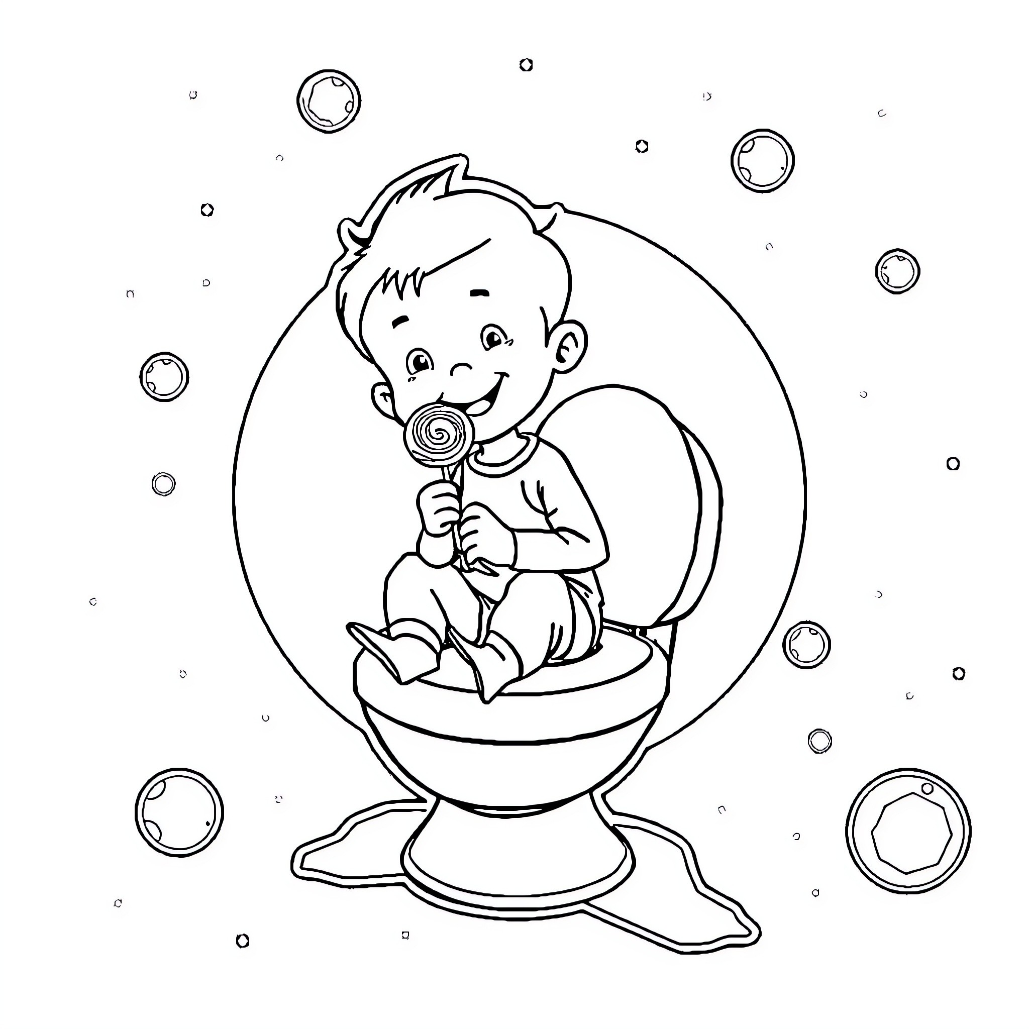 Boy enjoying a lollipop in a whimsical setting Coloring Page (free black-and-white line drawing printable PDF for all, from beginners to advanced learners, including children, teens, adults, and seniors)