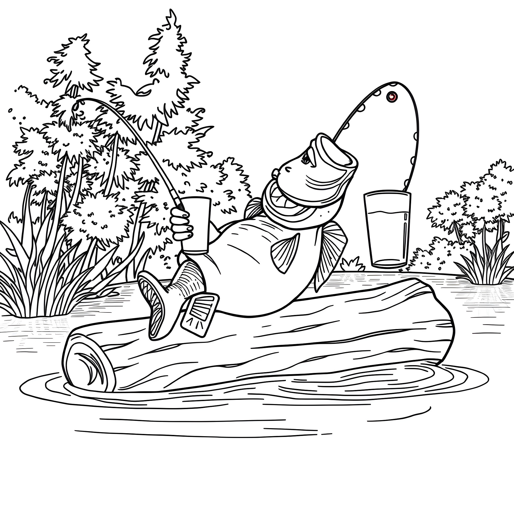 Bass fishing in tranquil forest pond Coloring Page (free black-and-white line drawing printable PDF for all, from beginners to advanced learners, including children, teens, adults, and seniors)