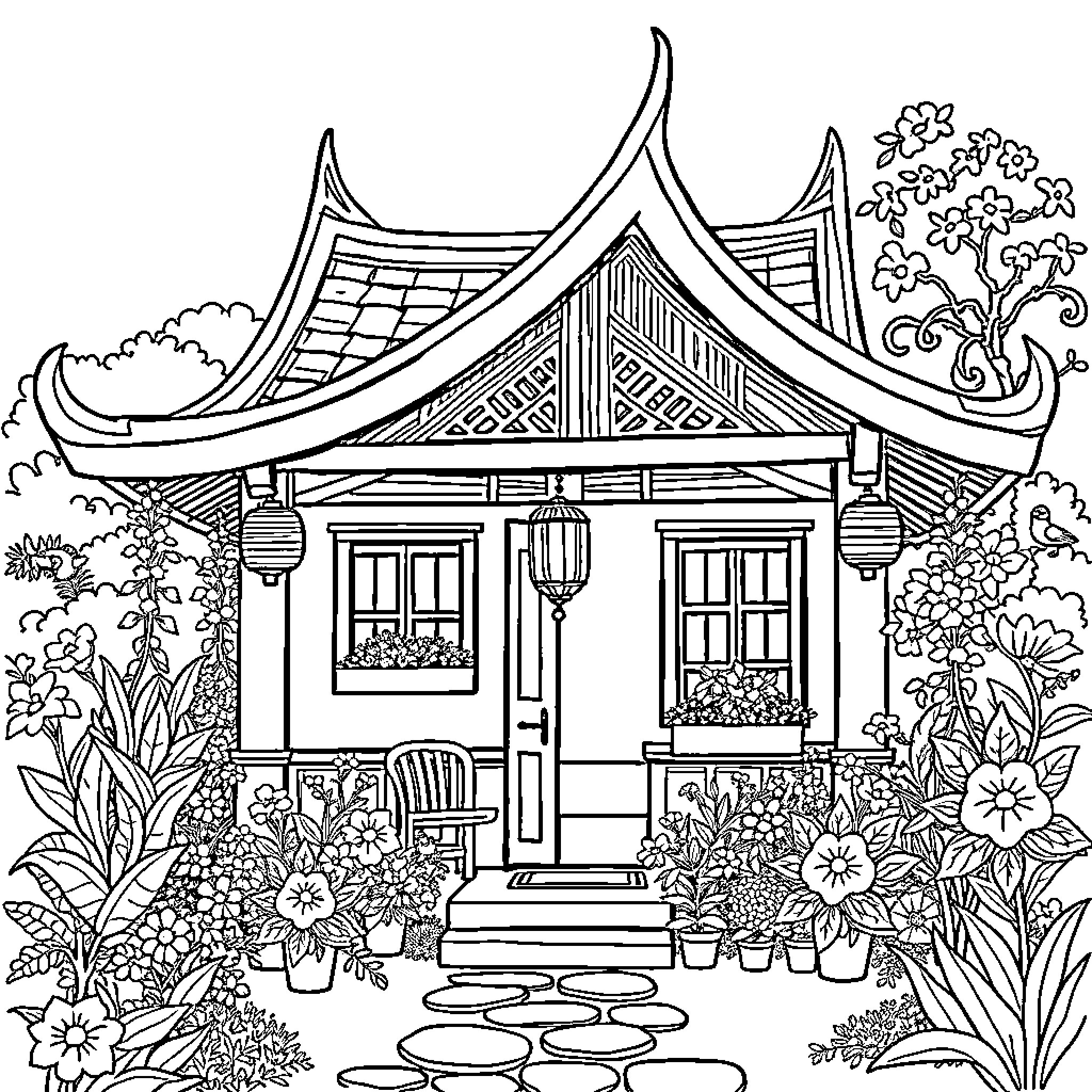 Sahur in Tranquil Oriental Garden Coloring Page (free black-and-white line drawing printable PDF for all, from beginners to advanced learners, including children, teens, adults, and seniors)