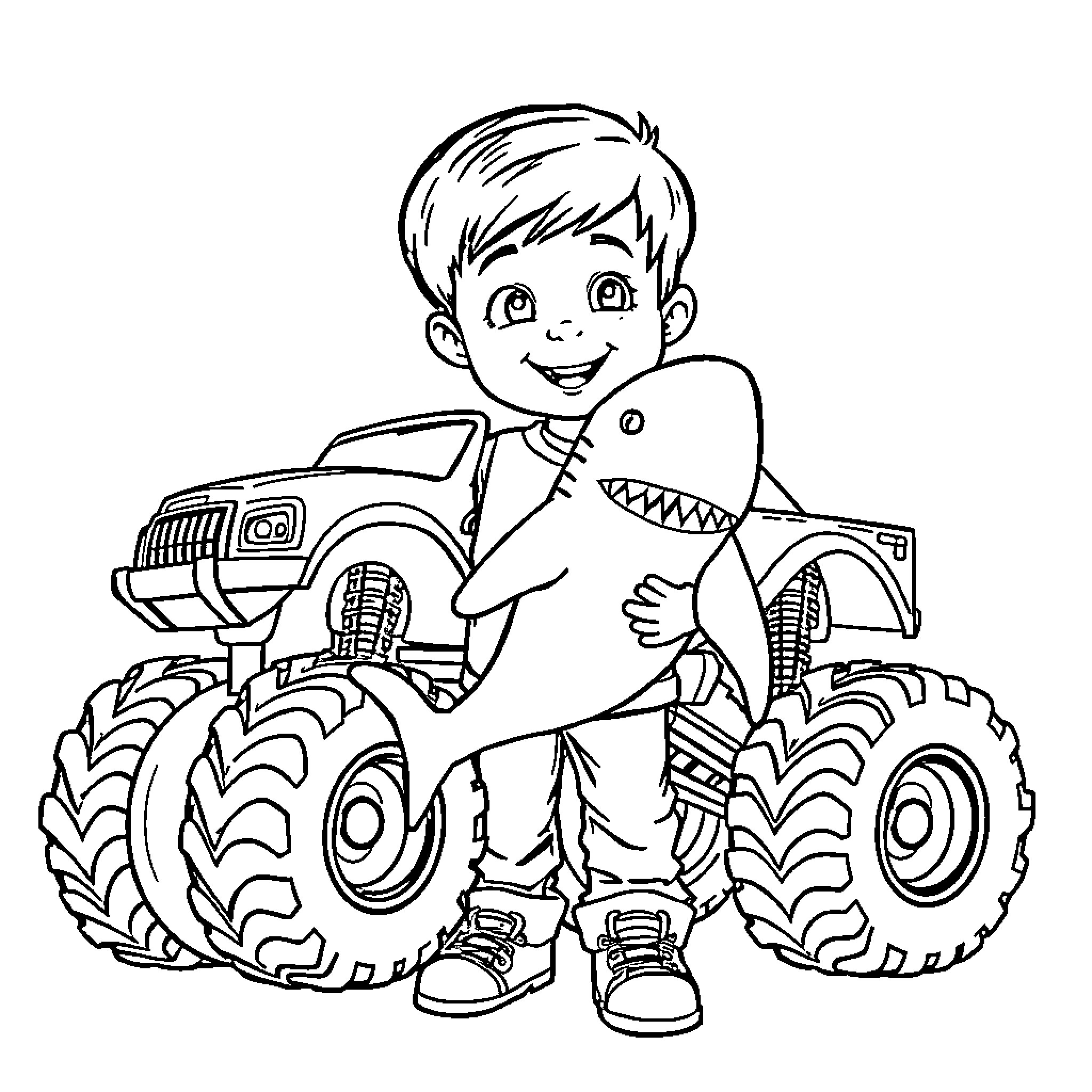 Boy playing with large monster truck toy Coloring Page (free black-and-white line drawing printable PDF for all, from beginners to advanced learners, including children, teens, adults, and seniors)