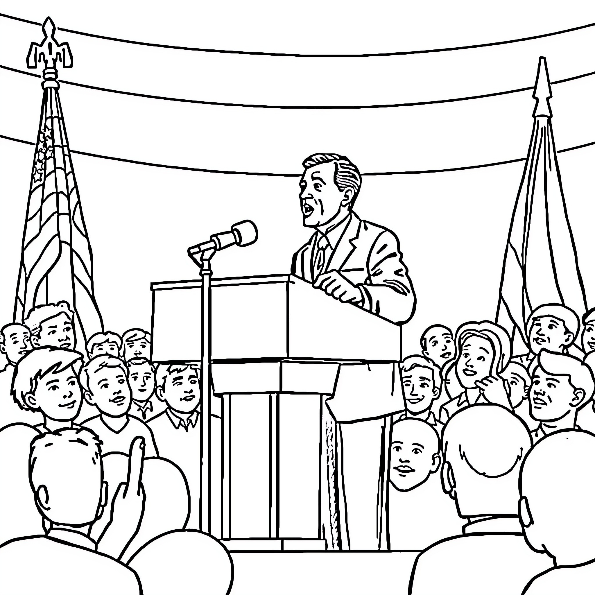 President Delivering Inspiring Speech to Attentive Audience Coloring Page (free black-and-white line drawing printable PDF for all, from beginners to advanced learners, including children, teens, adults, and seniors)