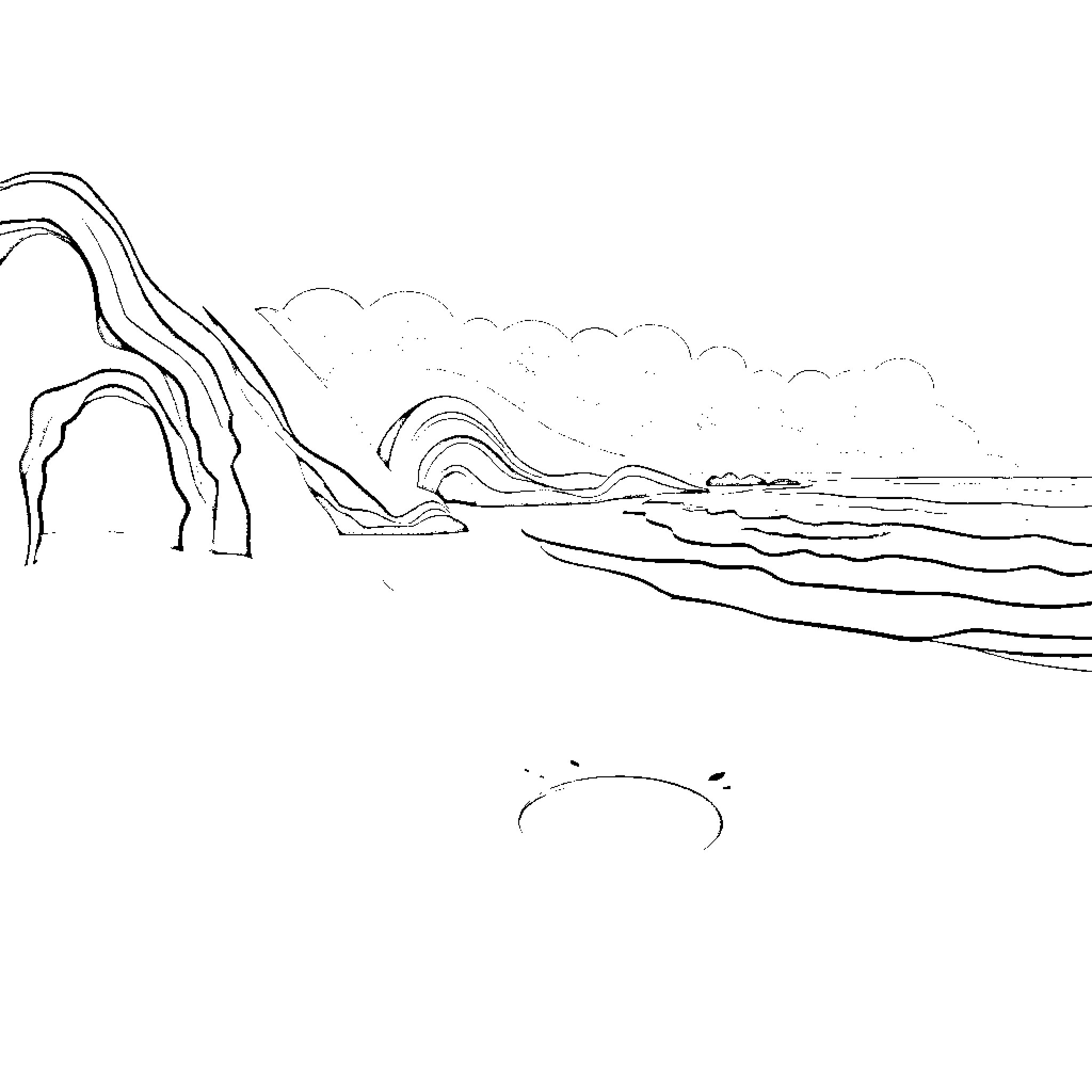 Landscape of rolling waves and cloudy sky Coloring Page (free black-and-white line drawing printable PDF for all, from beginners to advanced learners, including children, teens, adults, and seniors)