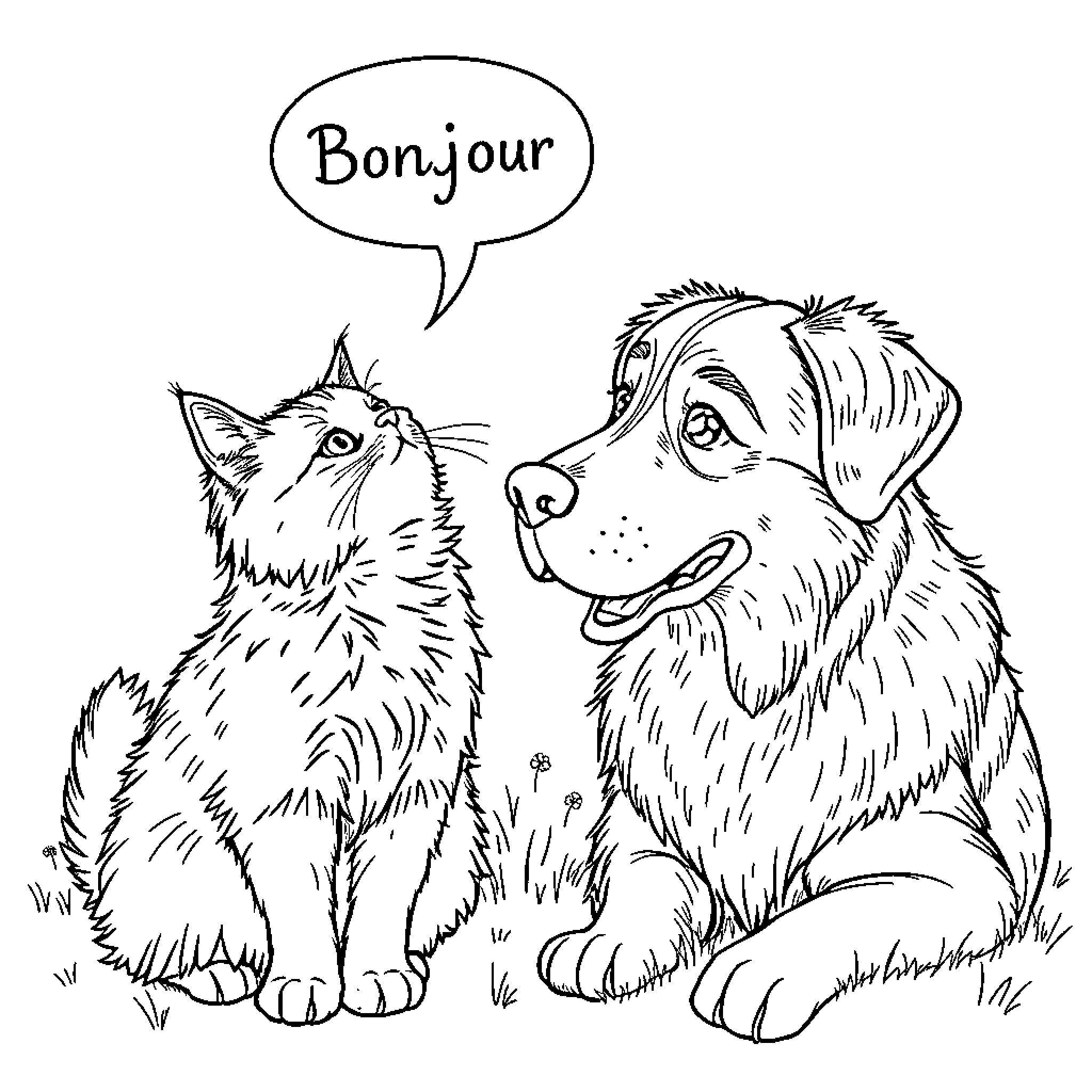 Cat and Dog Greeting Each Other Coloring Page (free black-and-white line drawing printable PDF for all, from beginners to advanced learners, including children, teens, adults, and seniors)